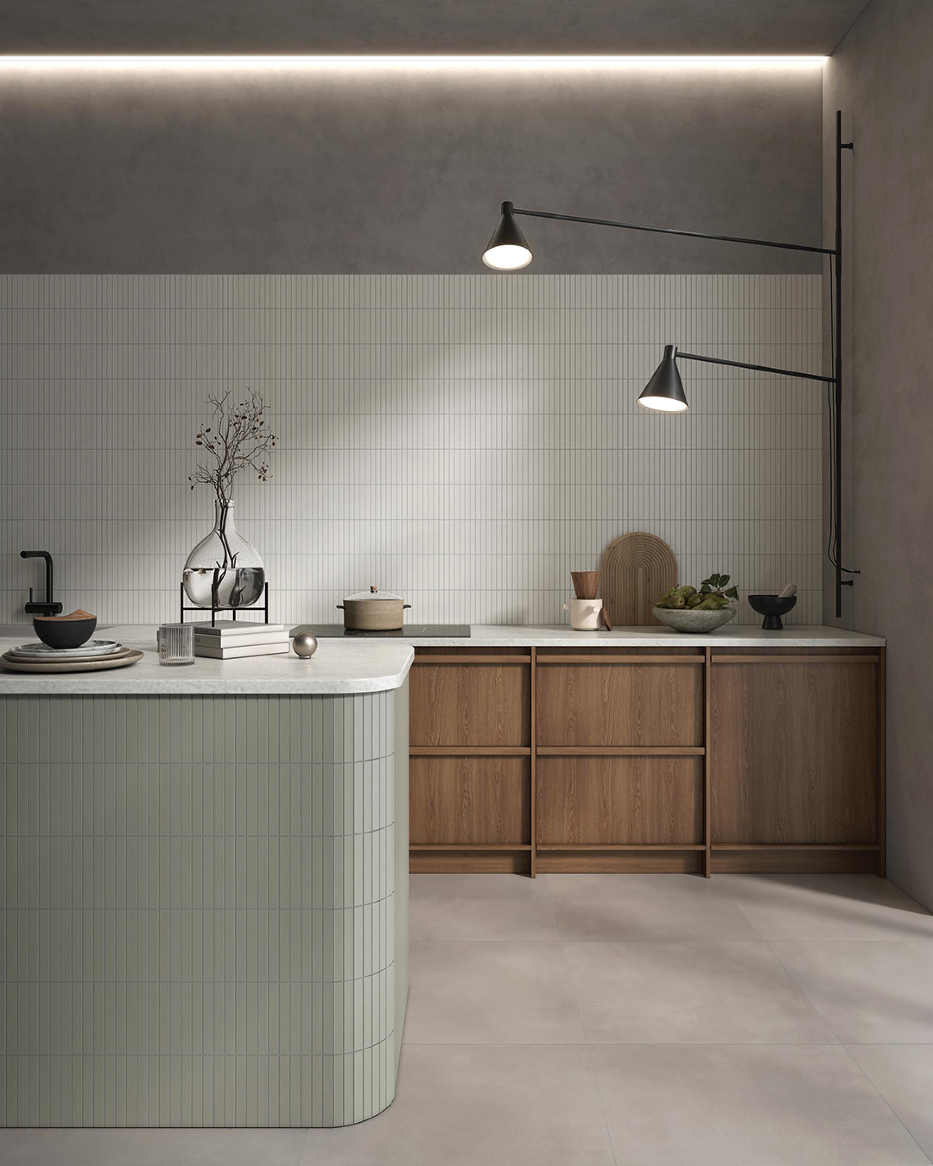 Modern kitchen featuring Kakam 2.0 porcelain mosaic tiles inspired by traditional Japanese glazing techniques and minimalist design.