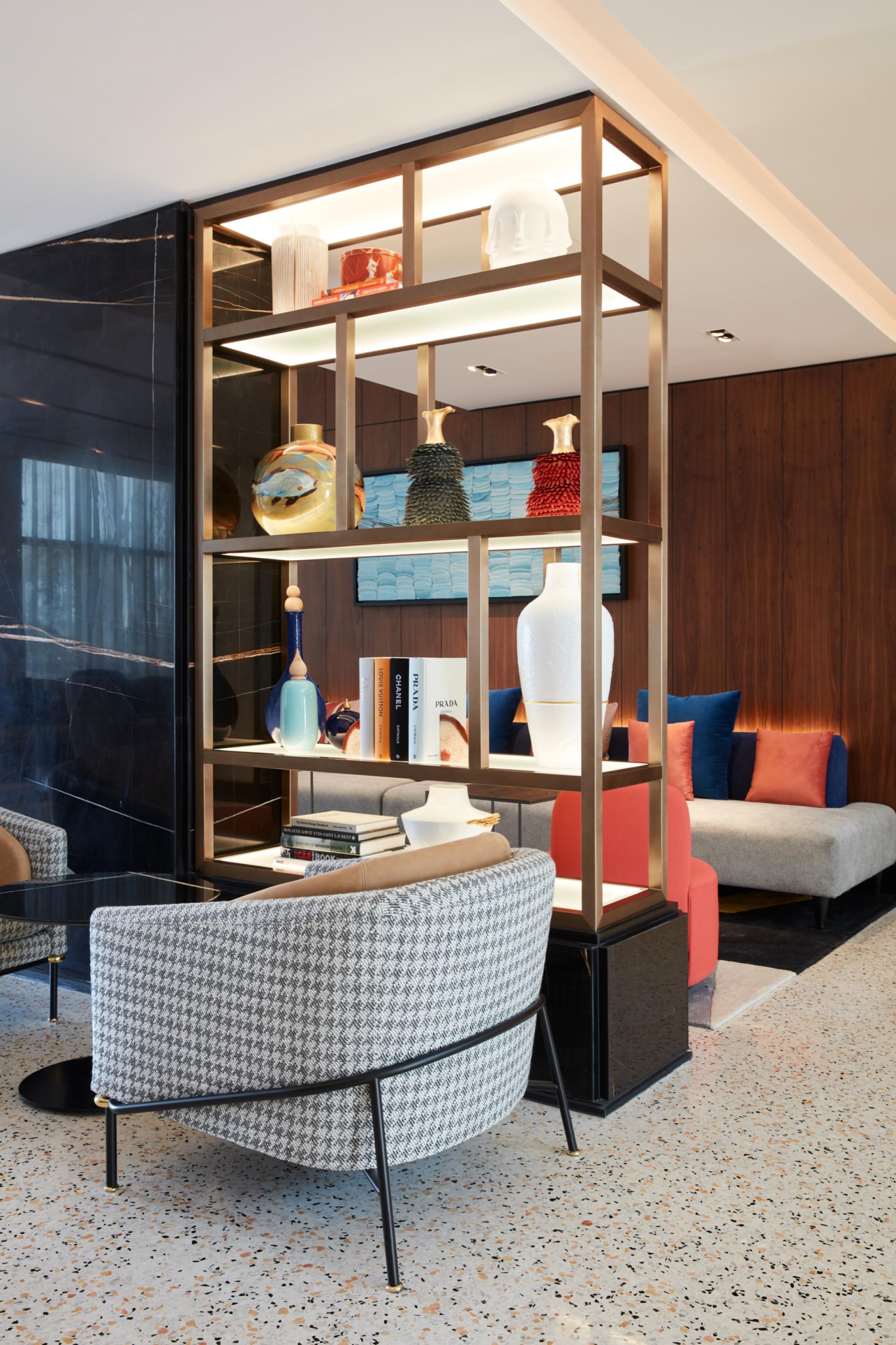 Contemporary interior design at The8 Hotel in Dubai, featuring stylish furnishings and artistic decorative elements.