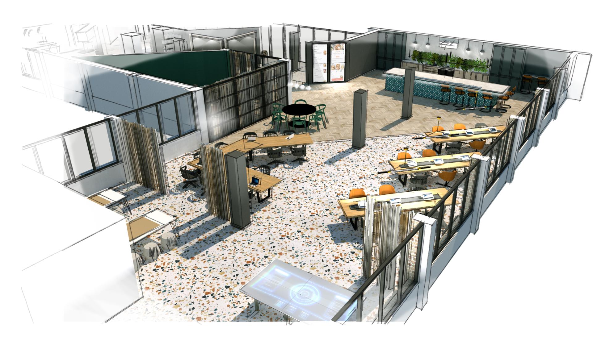 Modern workspace design featuring collaborative areas, desks, and a social hub, highlighting the concept of third workspaces.