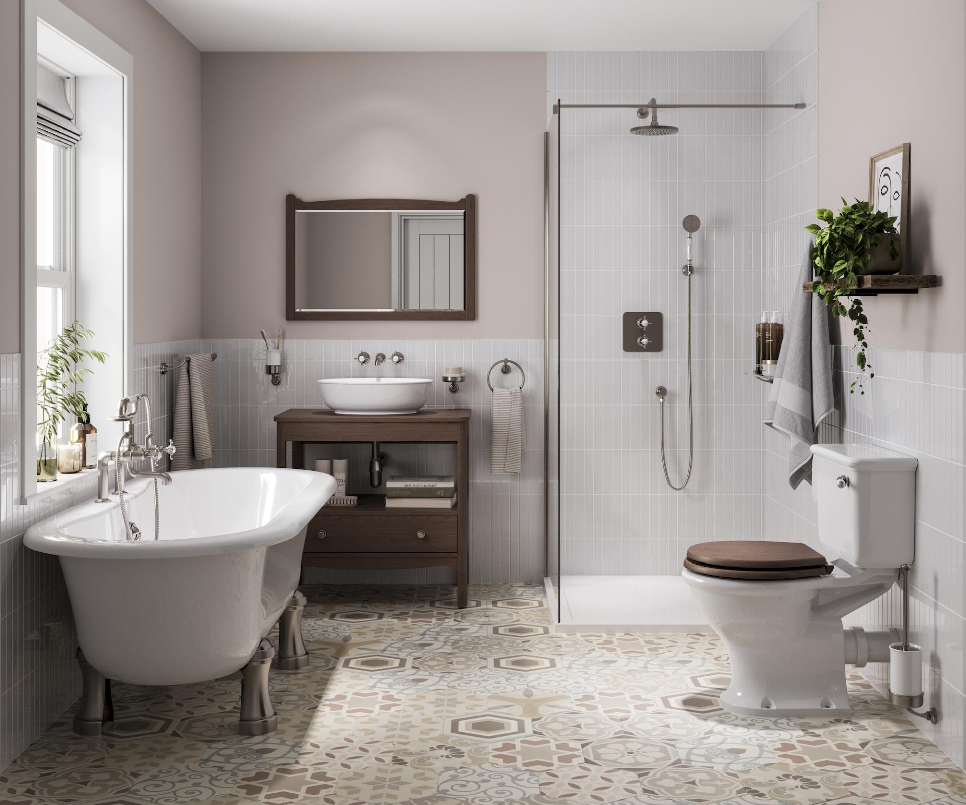 Stylish bathroom featuring a freestanding tub, modern fixtures, and intricate patterned tile floors, inspired by Arts & Crafts design.