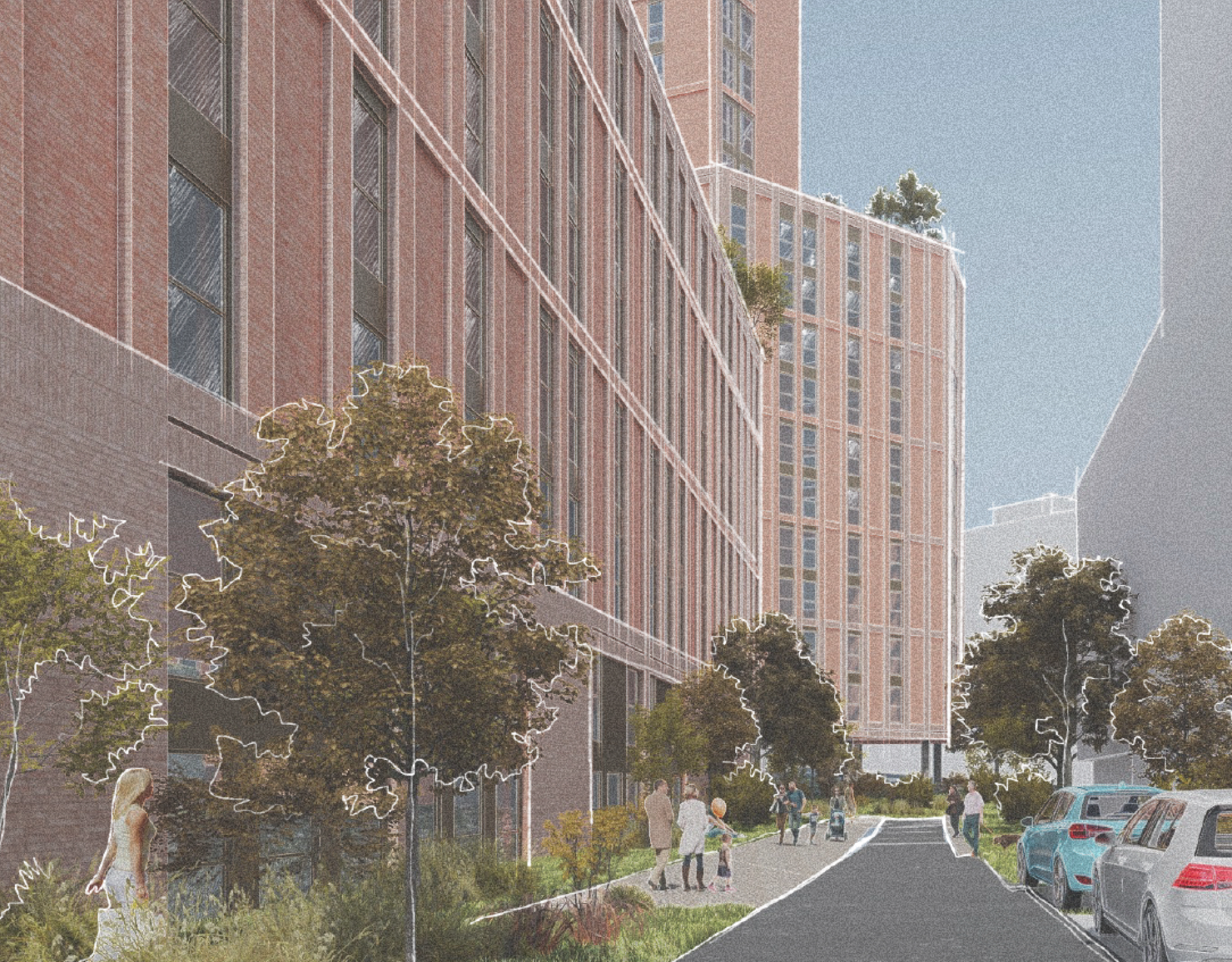 Urban street view featuring modern residential buildings, greenery, and families enjoying the communal space.