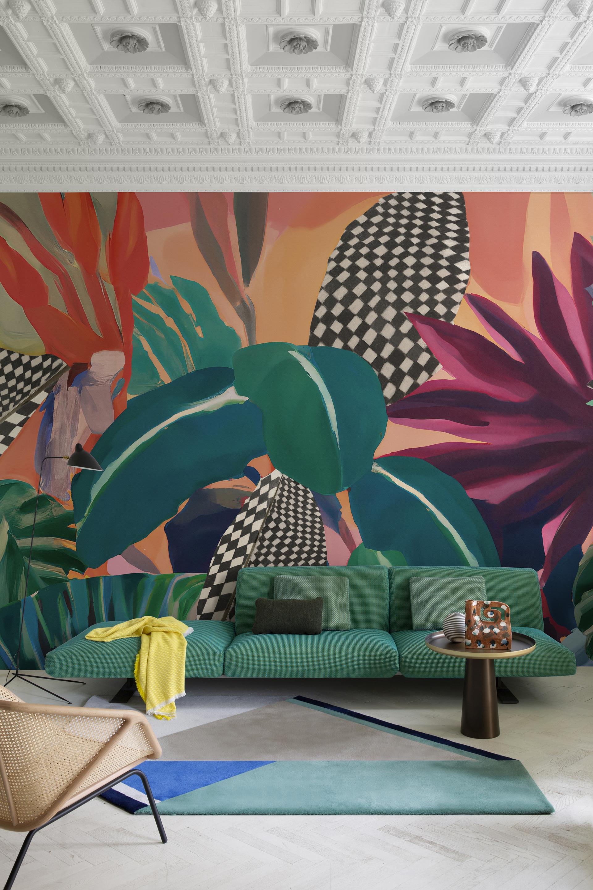 Vibrant living room showcasing Wall&decò's Contemporary Wallpaper 2023 with bold botanical designs and textured furnishings.
