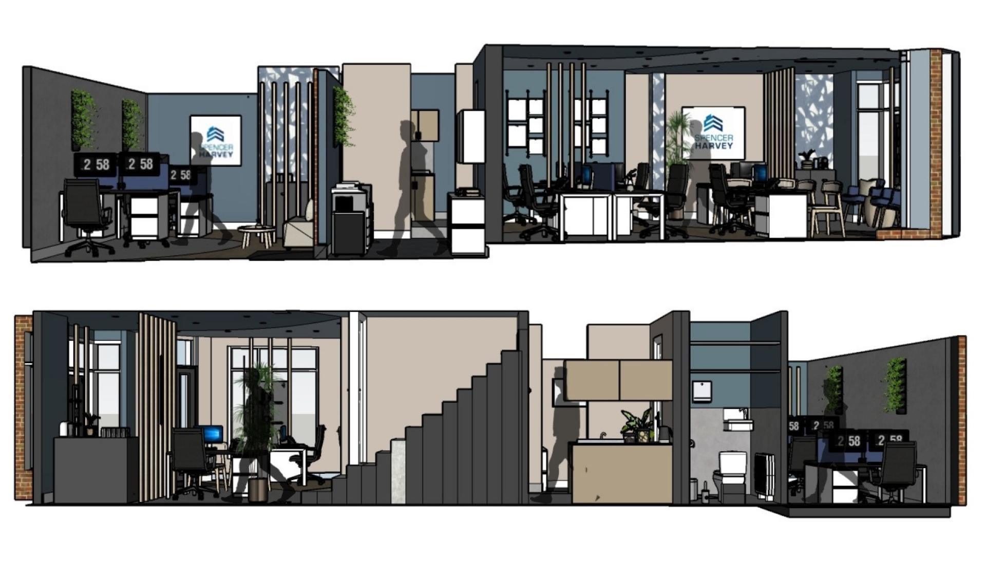 Modern office design layout featuring collaborative workspaces and meeting areas, showcasing Auric Design's creative approach to interiors.