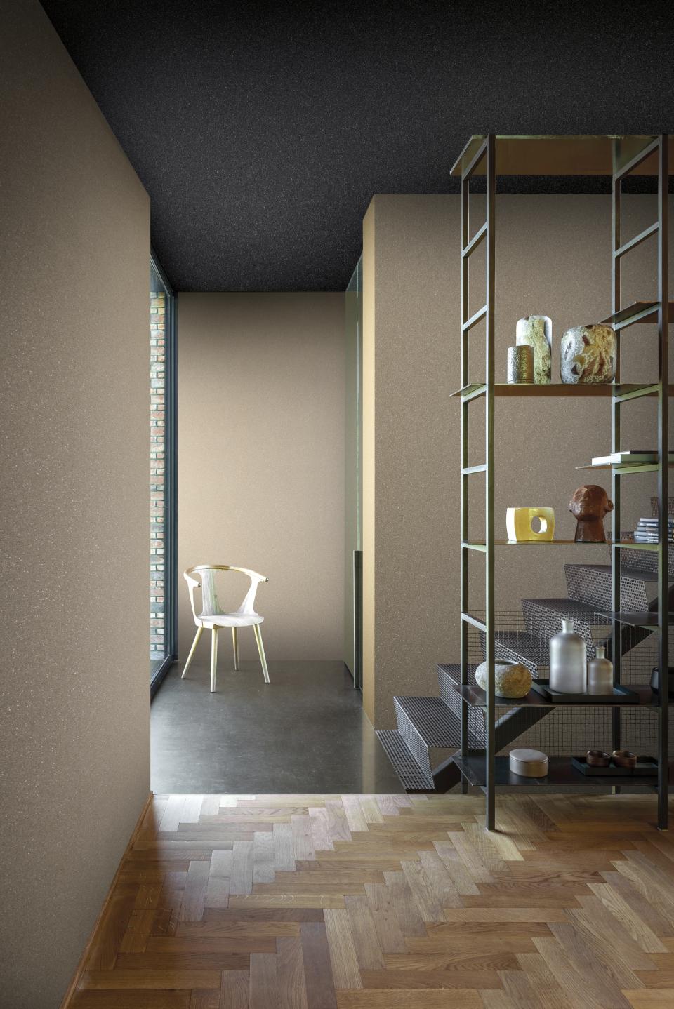 Stylish interior featuring Omexo wallcovering, minimalist furniture, and a blend of textures for sustainable design.