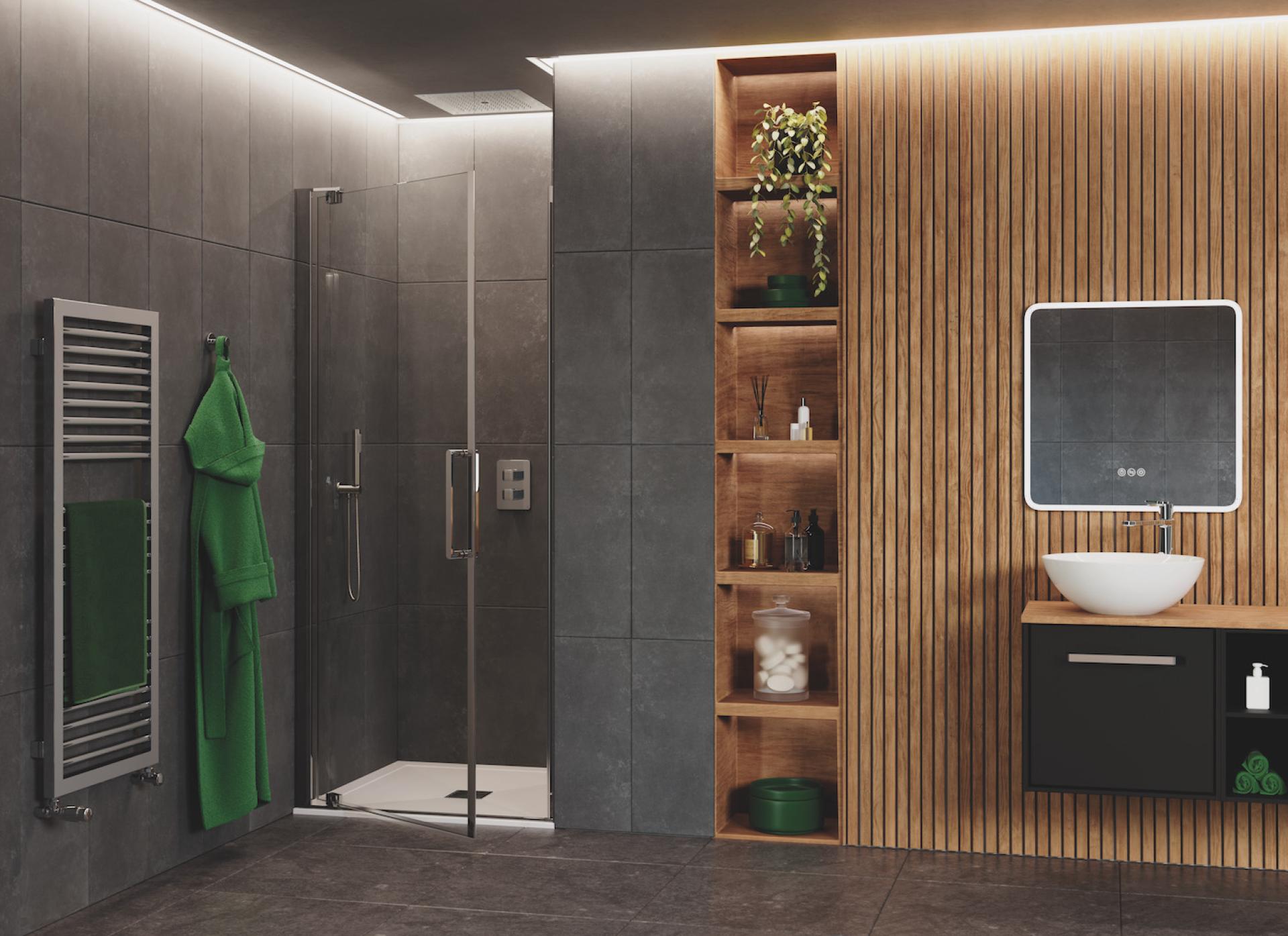 Modern bathroom design featuring sleek fixtures, a walk-in shower, wooden accents, and stylish storage solutions for 2022 trends.