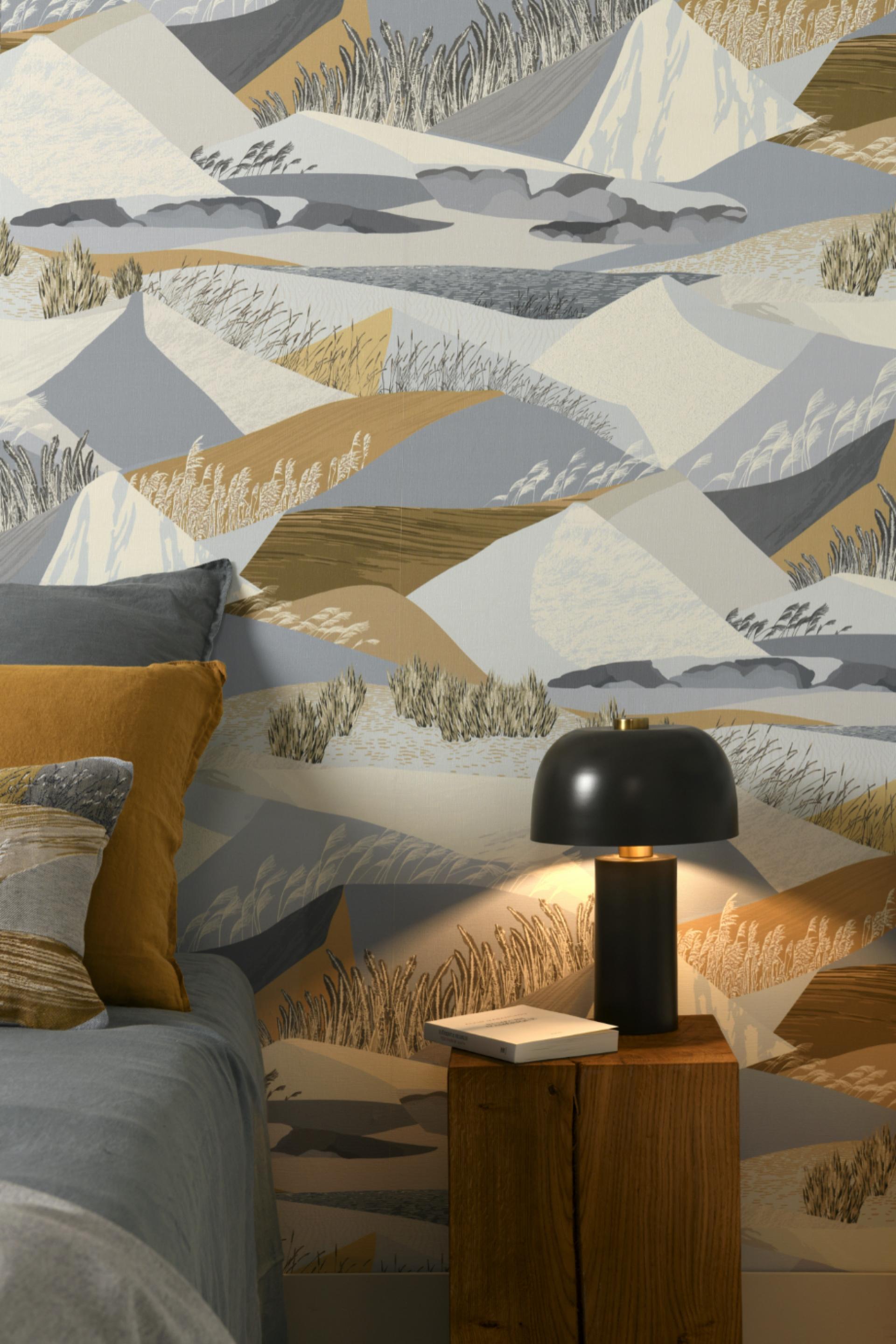 Stylish bedroom featuring Lelièvre Paris wallpaper from The Wall Chapter 3 collection, complemented by modern decor elements.