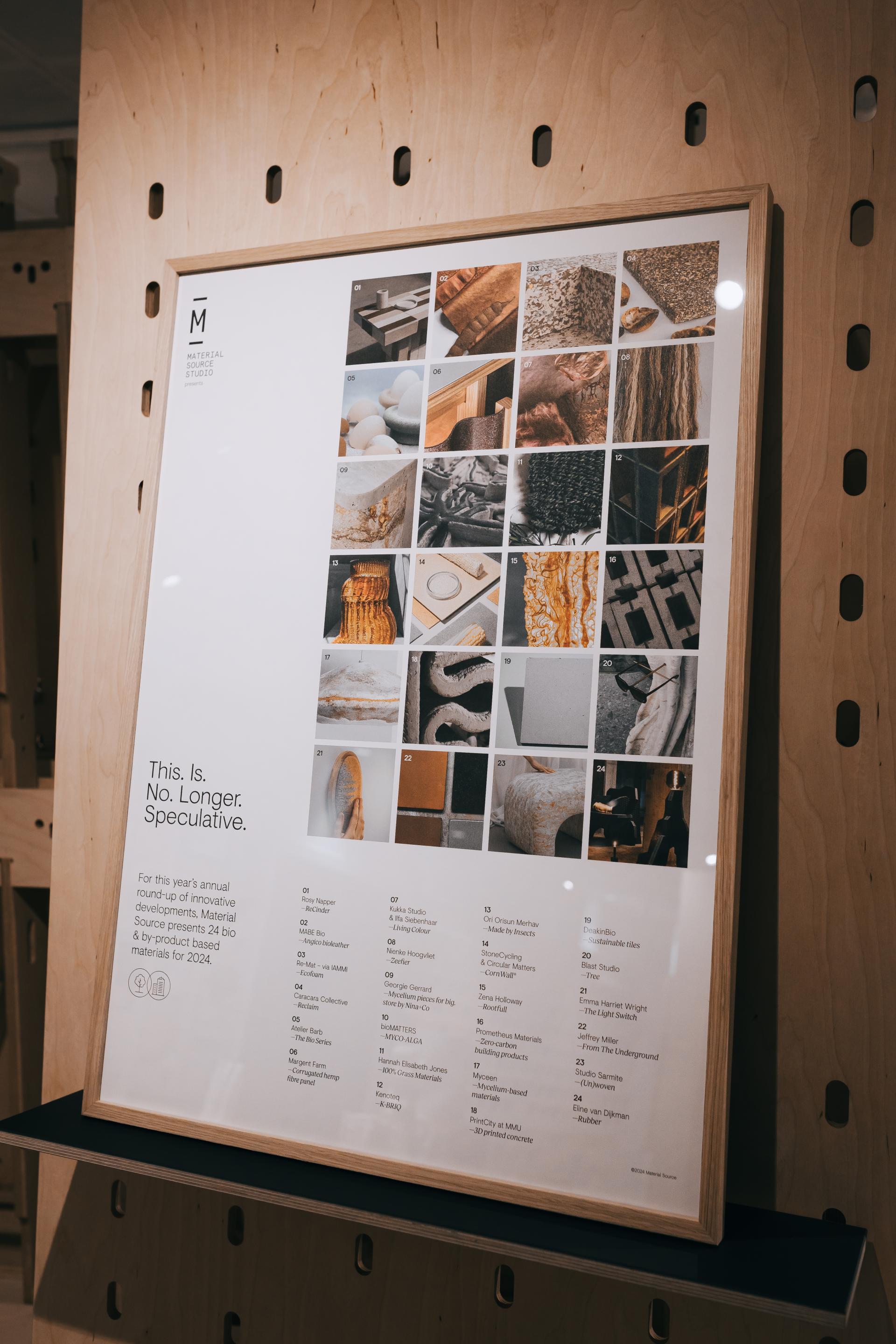 Exhibition poster for "This Is No Longer Speculative," showcasing 24 innovative bio and by-product materials at Material Source Studio.