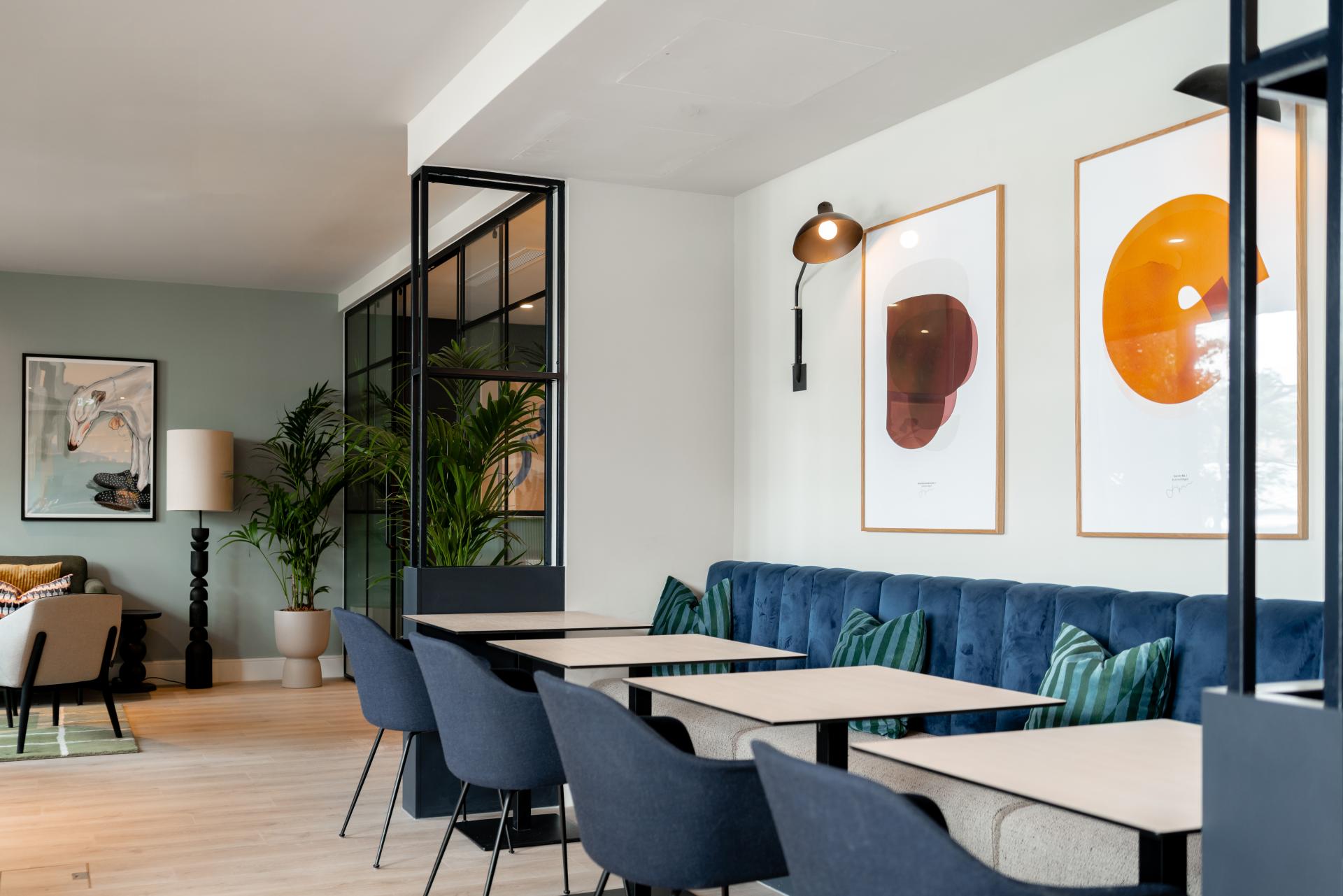 Modern co-living space featuring stylish seating, vibrant artwork, and greenery, designed for community and collaboration at The Apiary.