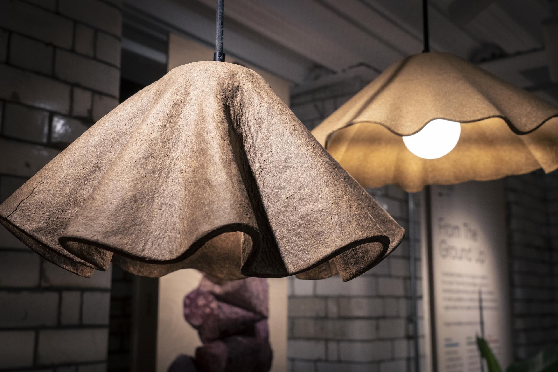 Sustainable pendant lights made from natural materials showcased in a biomimetic design exhibition.