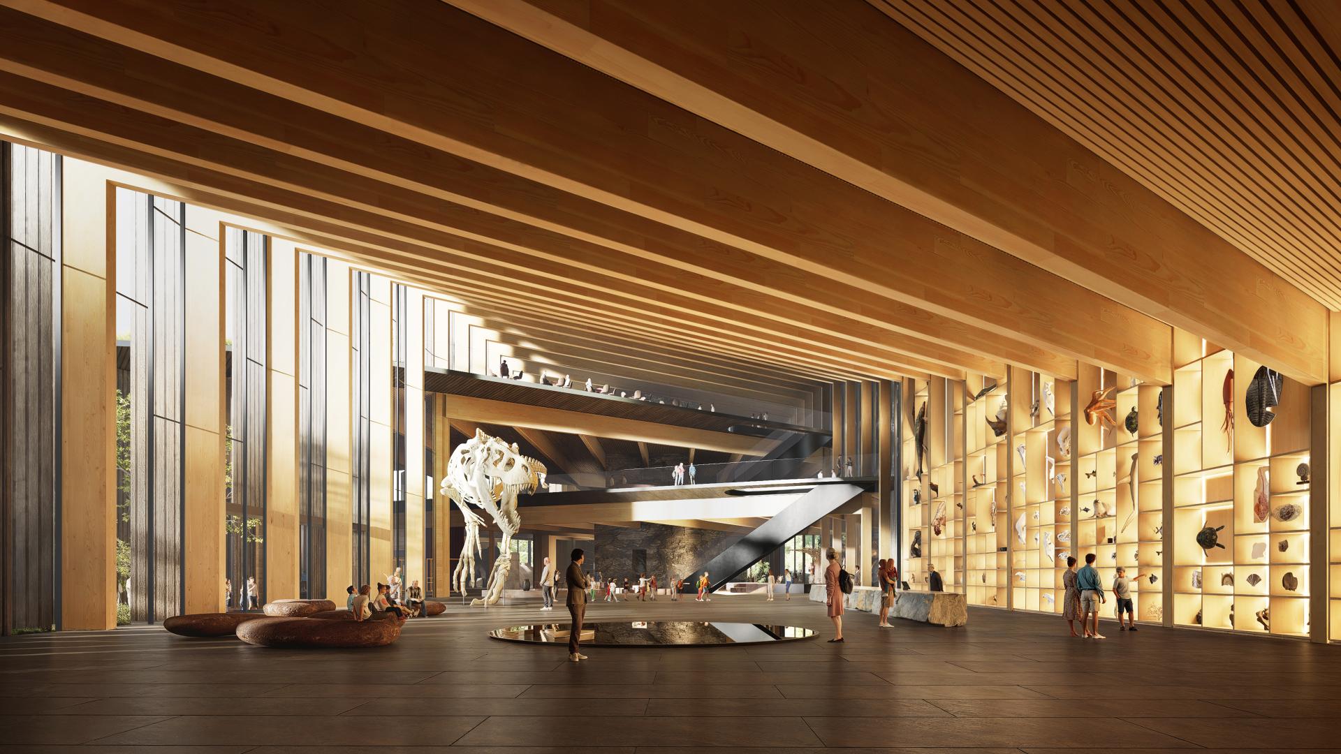 A timber building with slatted structure and dinosaur skeletons inside