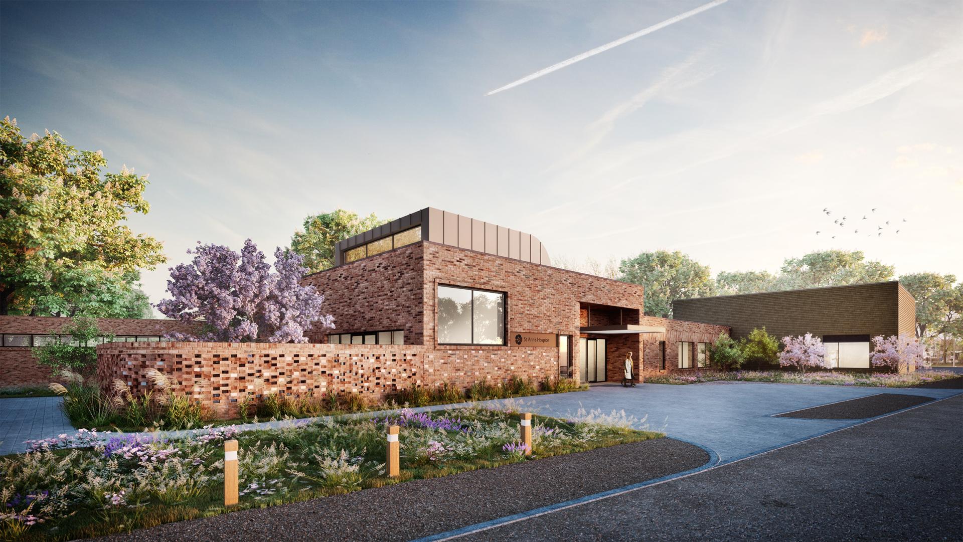 Modern architectural design featuring a brick building, surrounded by greenery and landscaping, exemplifying innovative workspace concepts in Manchester.