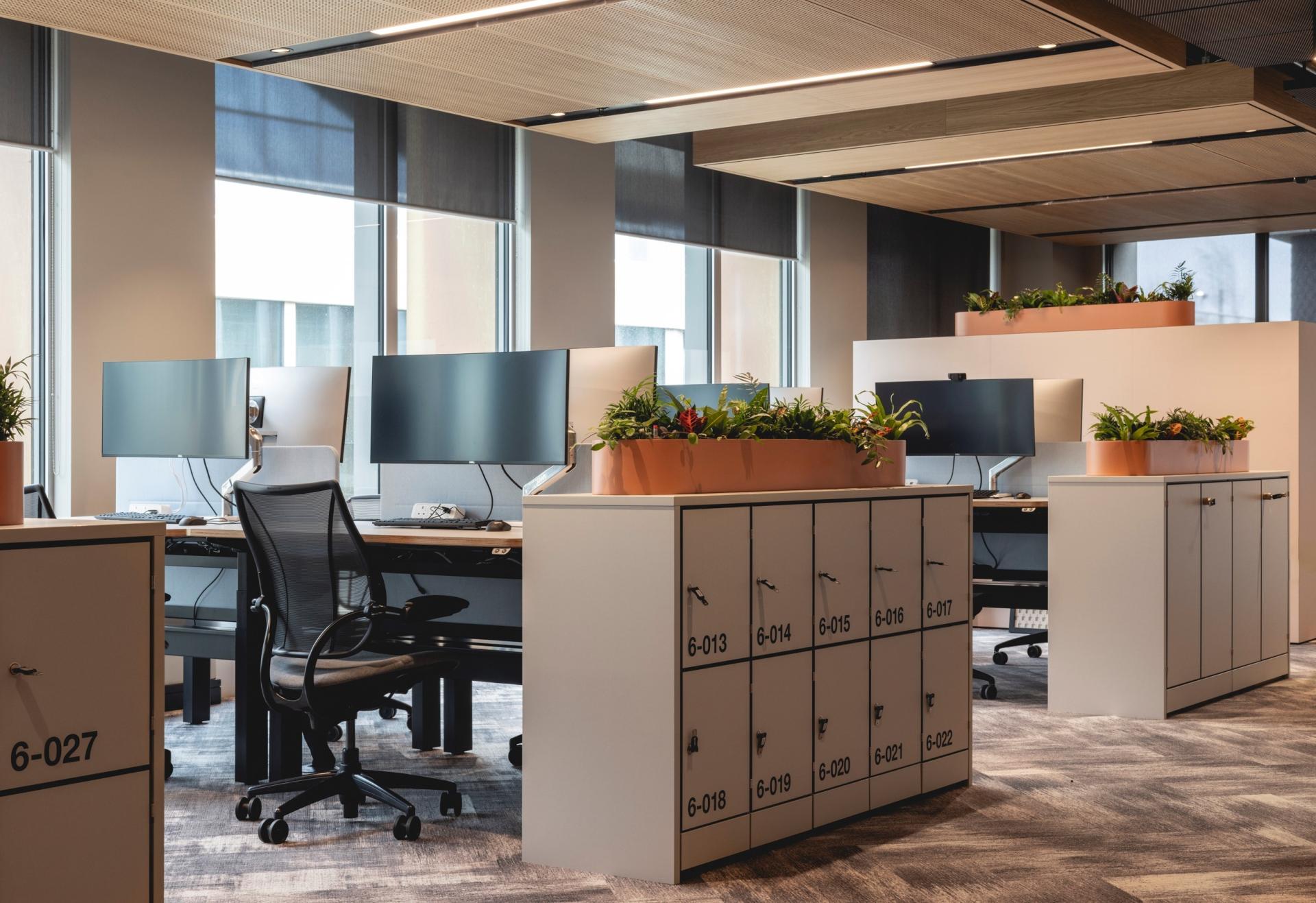 Modern office workspace featuring ergonomic chairs, multiple monitors, and greenery, designed by Ekho Studio for a calming ambiance.