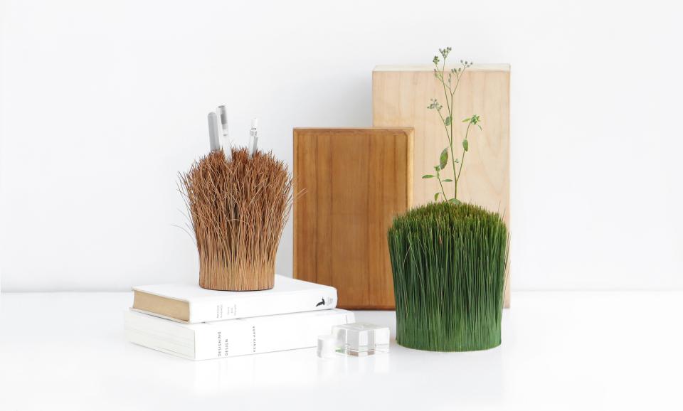 Stylish desk arrangement featuring plant-like pencil holders, books, and wooden decor, exploring the concept of vessels.