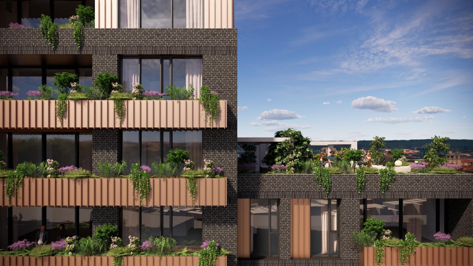 Modern co-living building exterior featuring lush balconies, greenery, and a rooftop shared space, promoting community and well-being.
