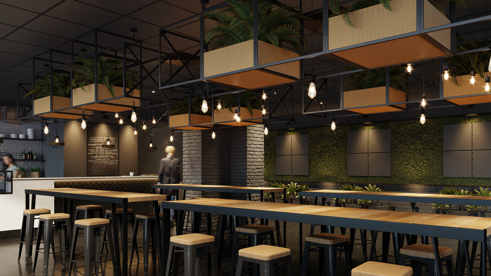 Stylish commercial interior featuring Zentia's Obsidian black ceiling tiles, modern lighting, and lush greenery in hanging planters.