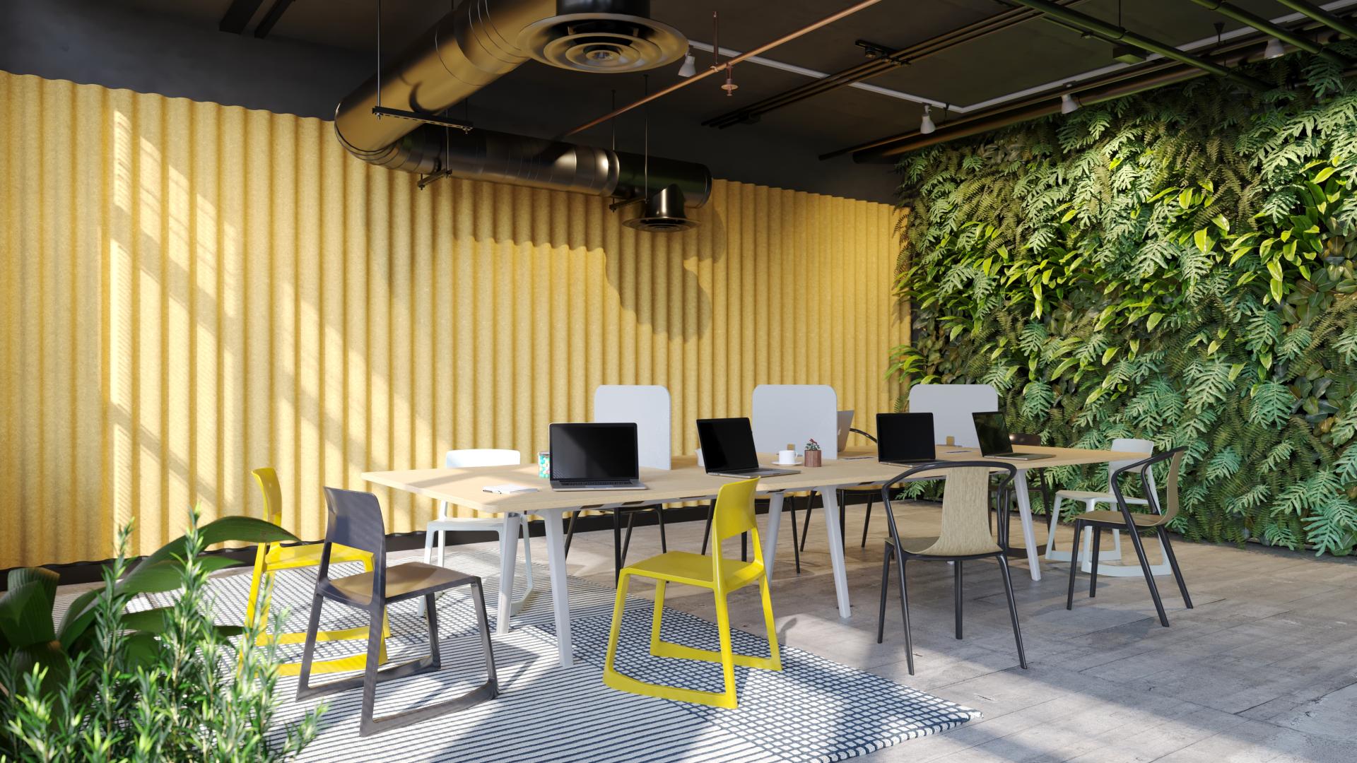 Modern office space featuring Swell acoustic wall cladding, stylish furniture, and a vertical garden backdrop for enhanced aesthetics.