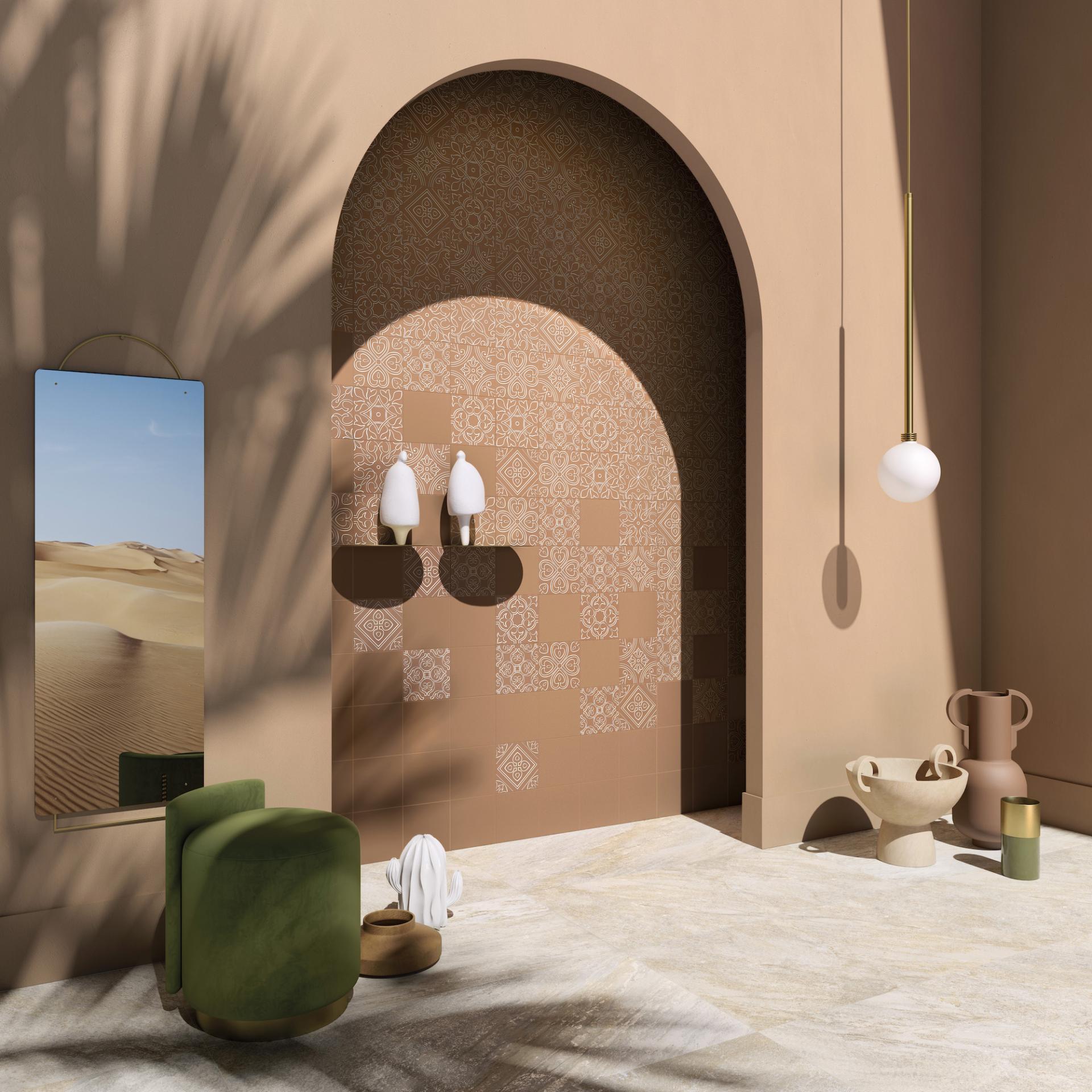 Elegant interior featuring Grestec's Silence Collection porcelain tiles, blending modern design with traditional motifs in warm tones.