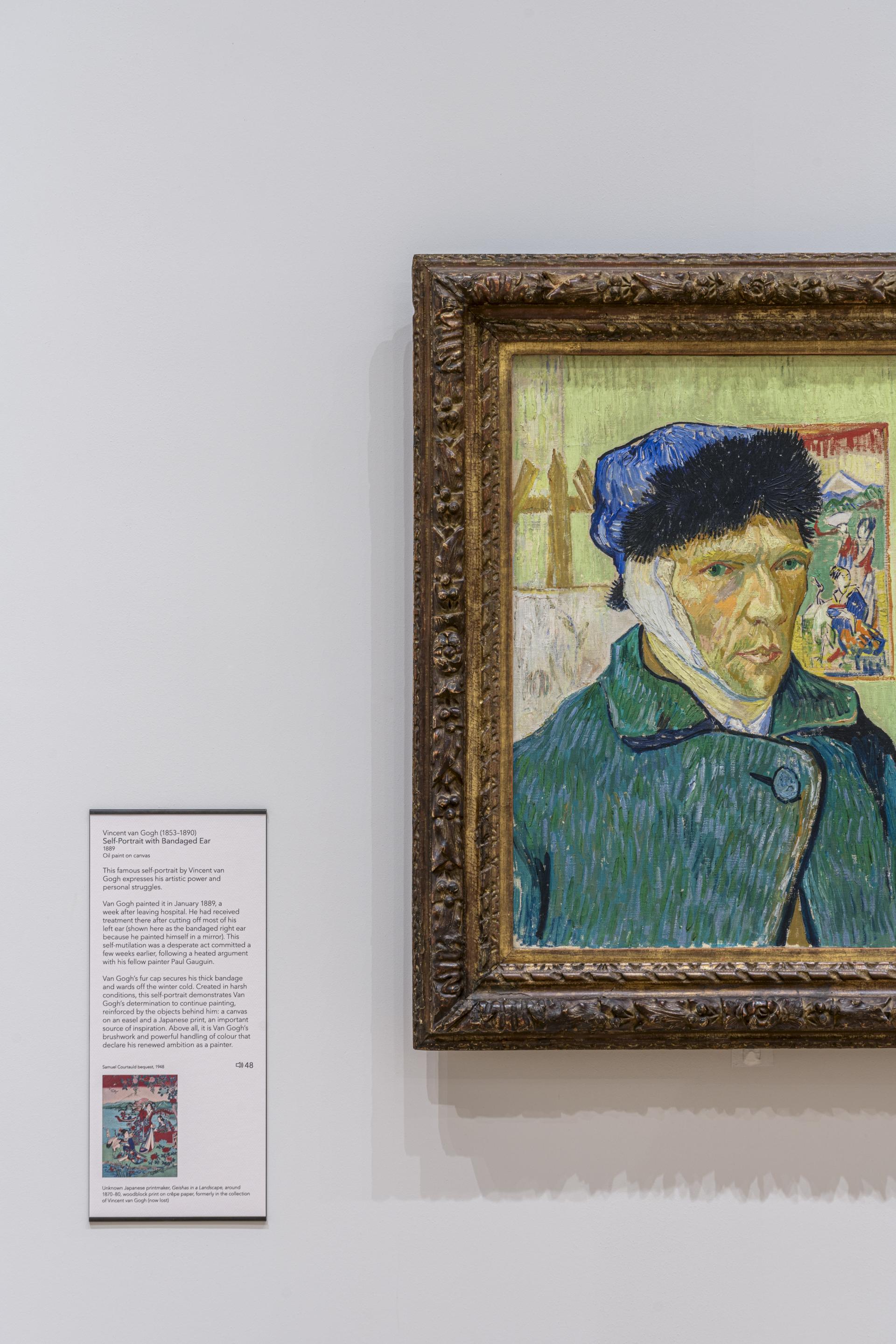 Self-portrait by Vincent van Gogh featuring his bandaged ear, displayed at The Courtauld Gallery post-redesign.