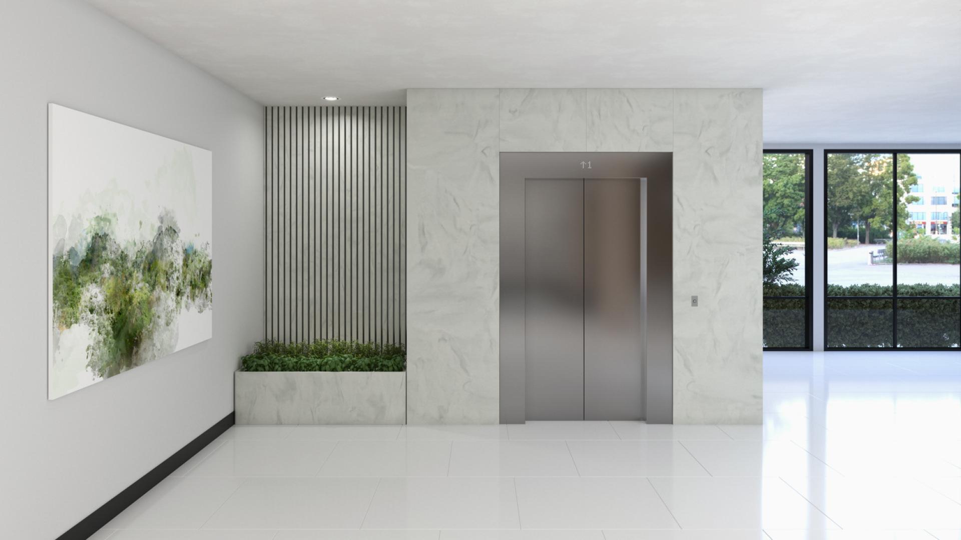 Modern elevator lobby featuring natural-inspired art, sleek marble walls, and greenery, showcasing CDUK's new Corian® collections.