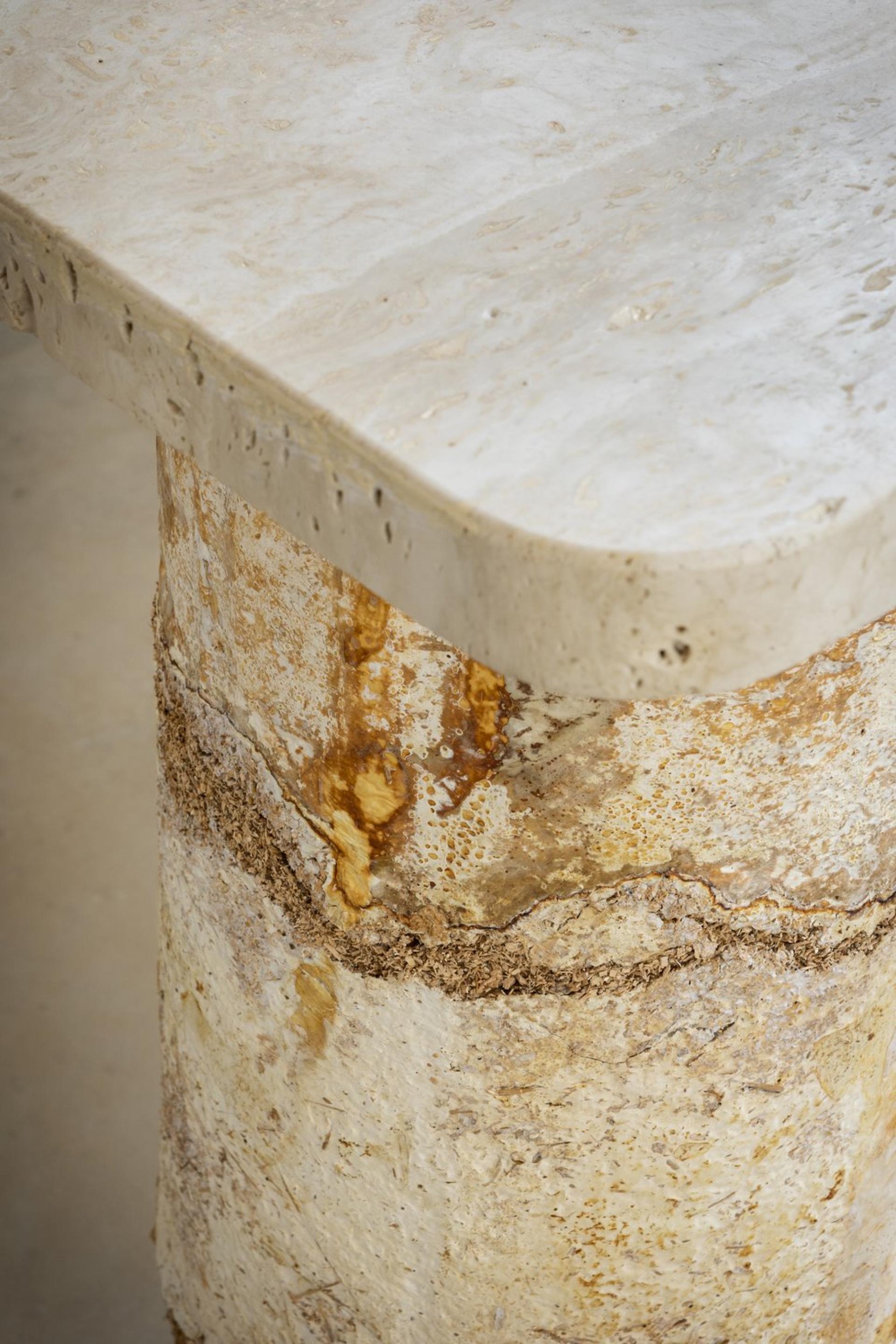 Sculptural mycelium table featuring a textured base and smooth, rounded top, highlighting innovative sustainable design.