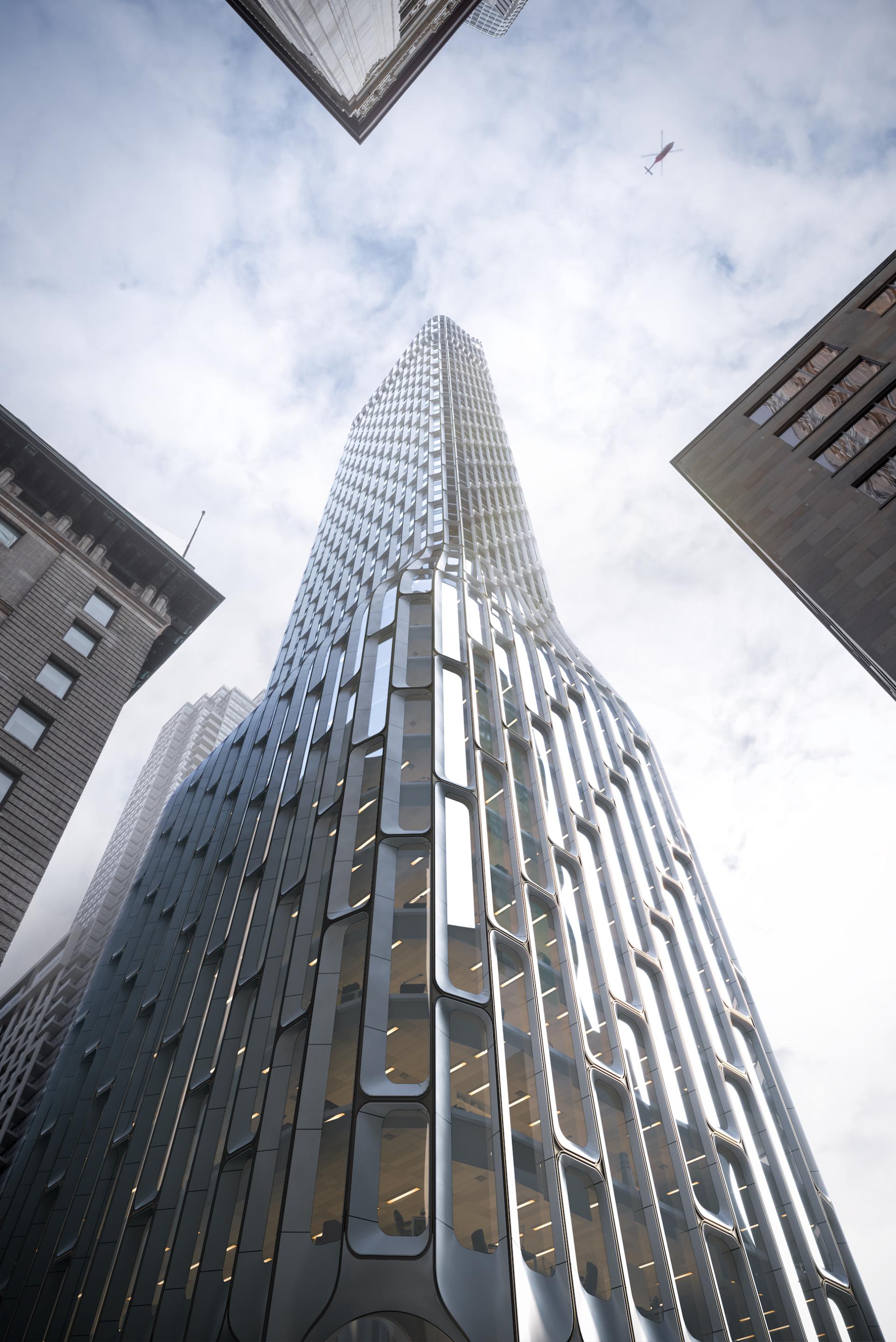 Sleek, modern skyscraper design of 55 Yonge Street in Toronto's financial district, surrounded by historic architecture.