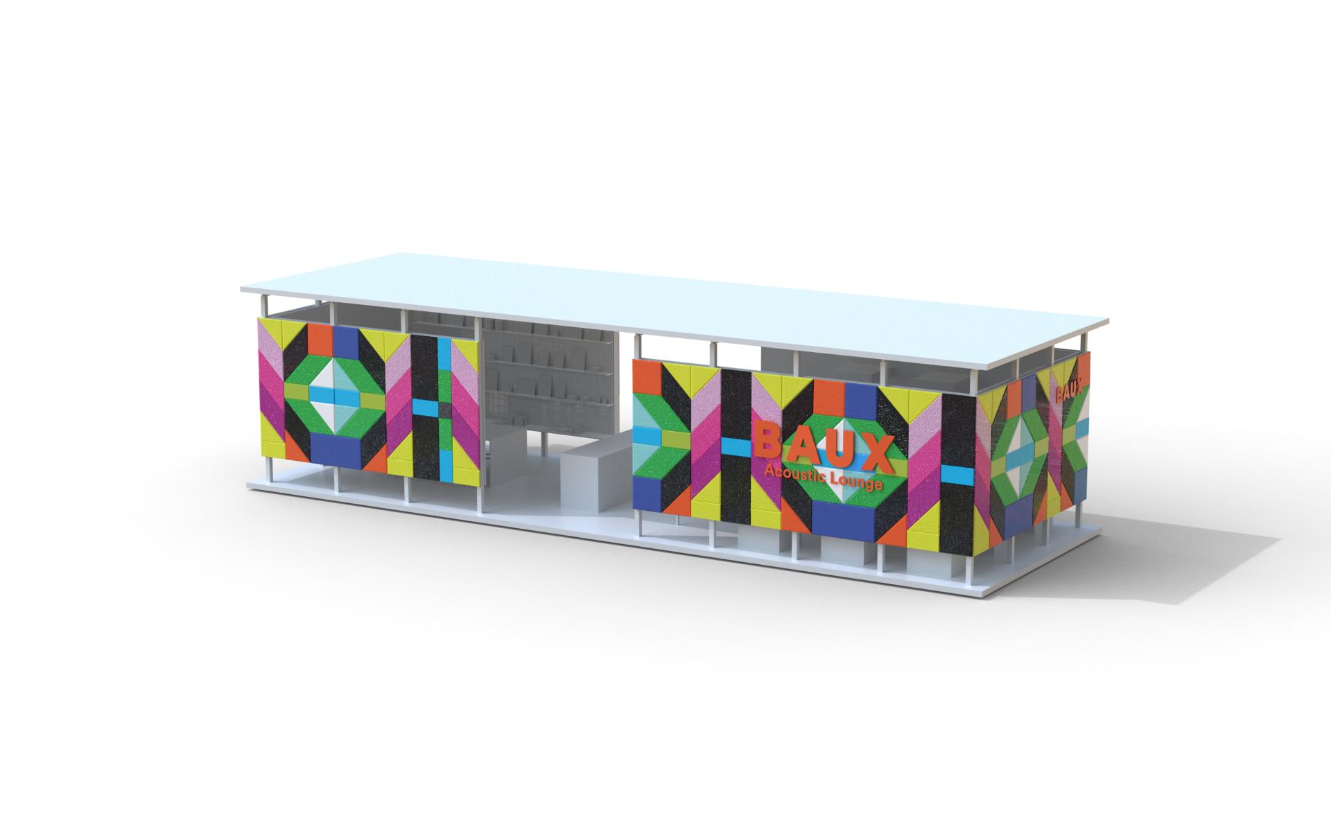 Colorful BAUX Acoustic Lounge display featuring geometric patterns, showcased at Clerkenwell Design Week innovations.