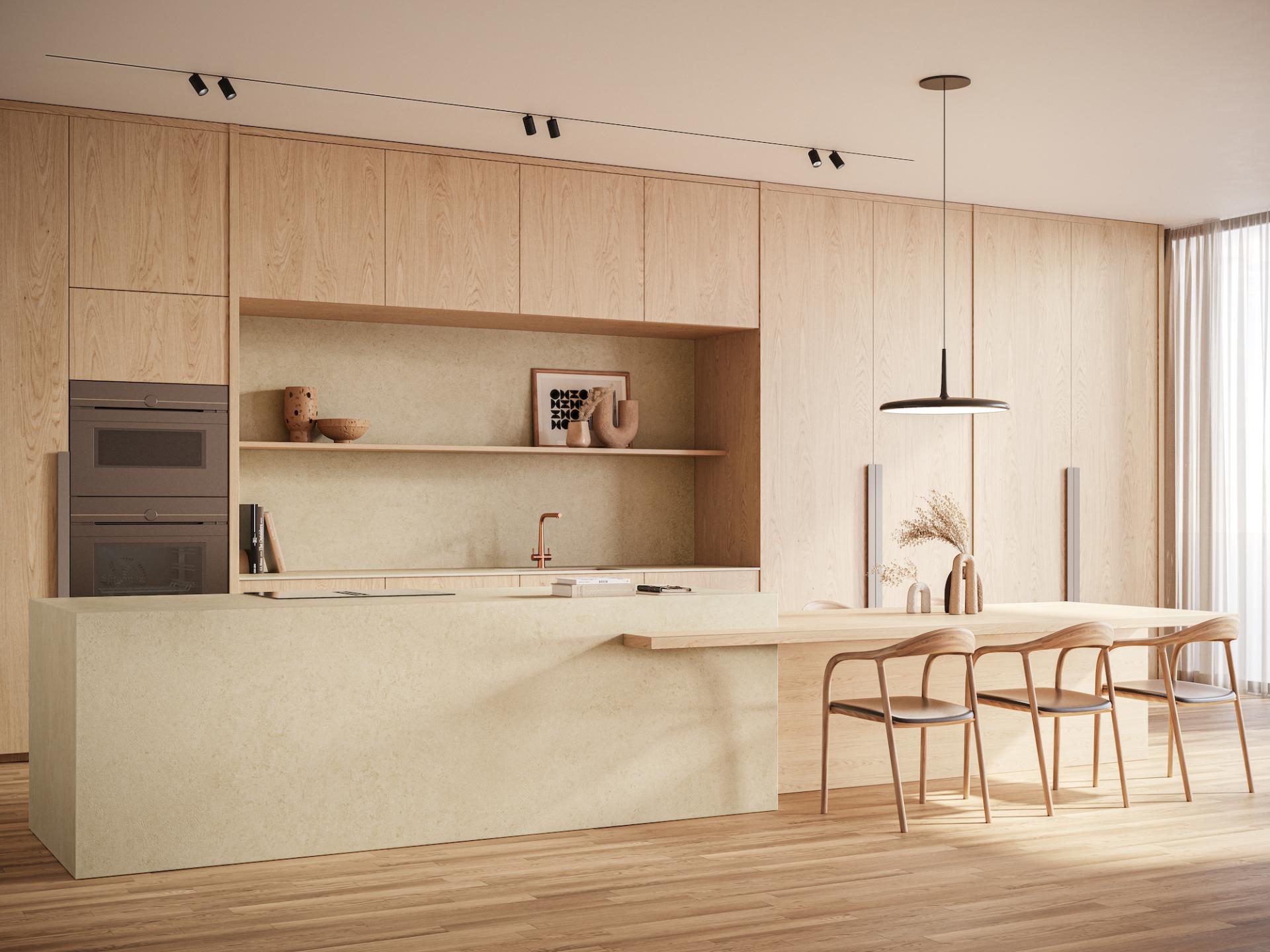 Modern kitchen featuring Caesarstone's Time collection, showcasing natural materials and minimalist design with warm wood accents.