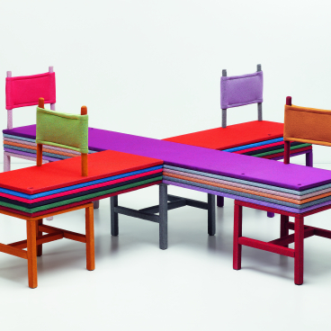 Colorful knitted textile furniture design by multiple designers, showcasing innovative use of Kvadrat Febrik materials.