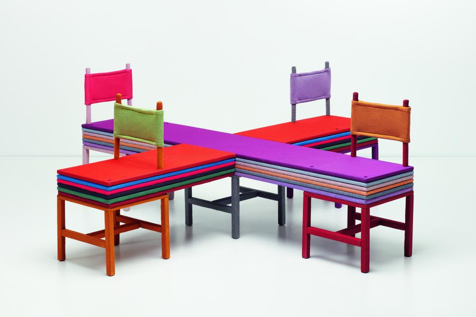Colorful knitted textile furniture design by multiple designers, showcasing innovative use of Kvadrat Febrik materials.