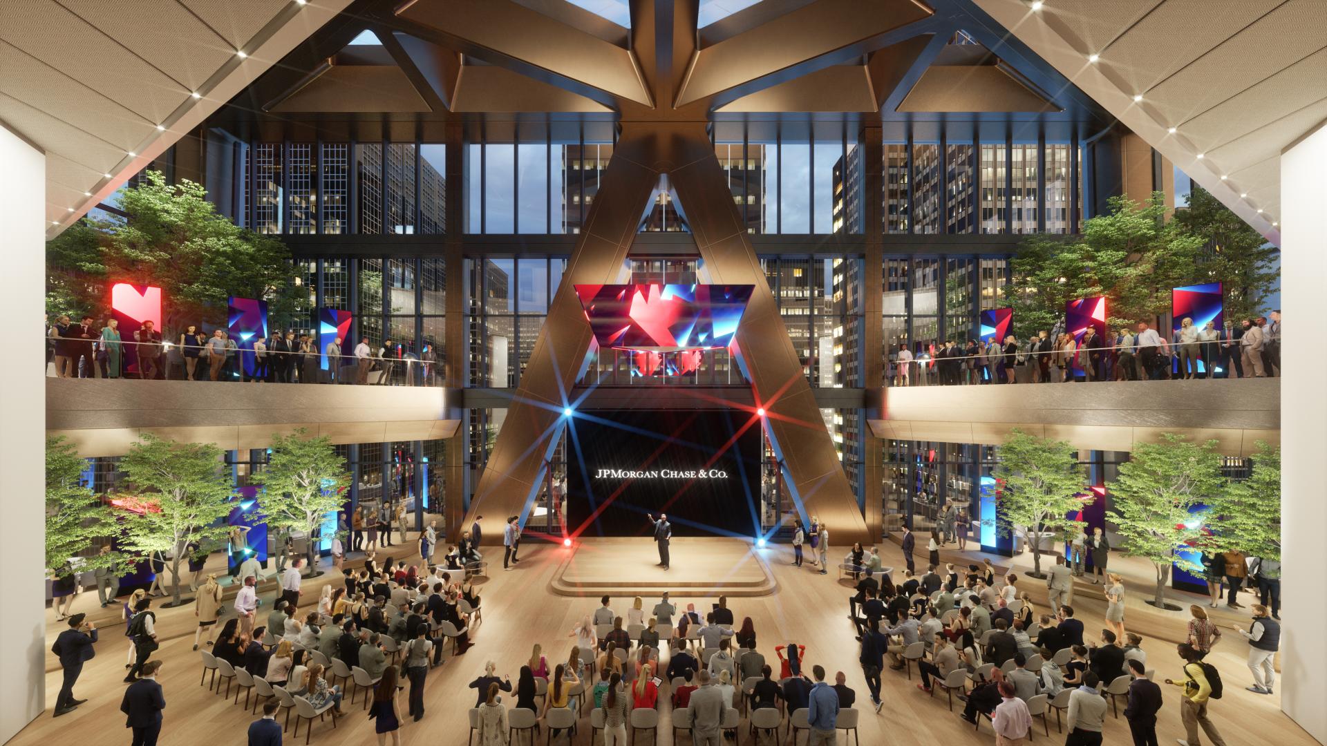 Modern atrium of JPMorgan Chase's new HQ with vibrant decor, audience gathering, and sustainable design elements reflected in NYC skyline.