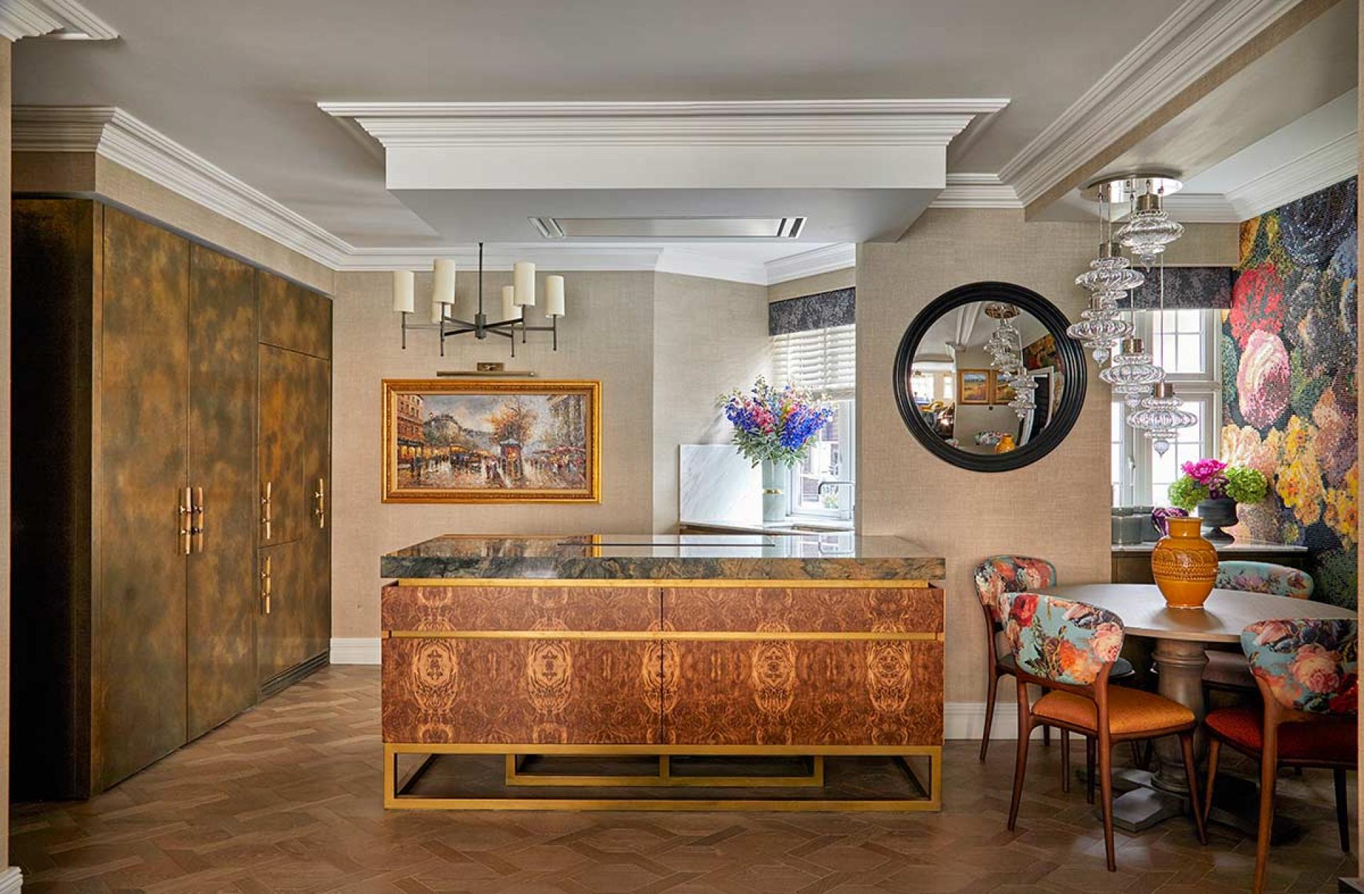 Luxurious Knightsbridge apartment interior featuring artistic furniture, floral accents, and a nod to Van Gogh's Starry Night.