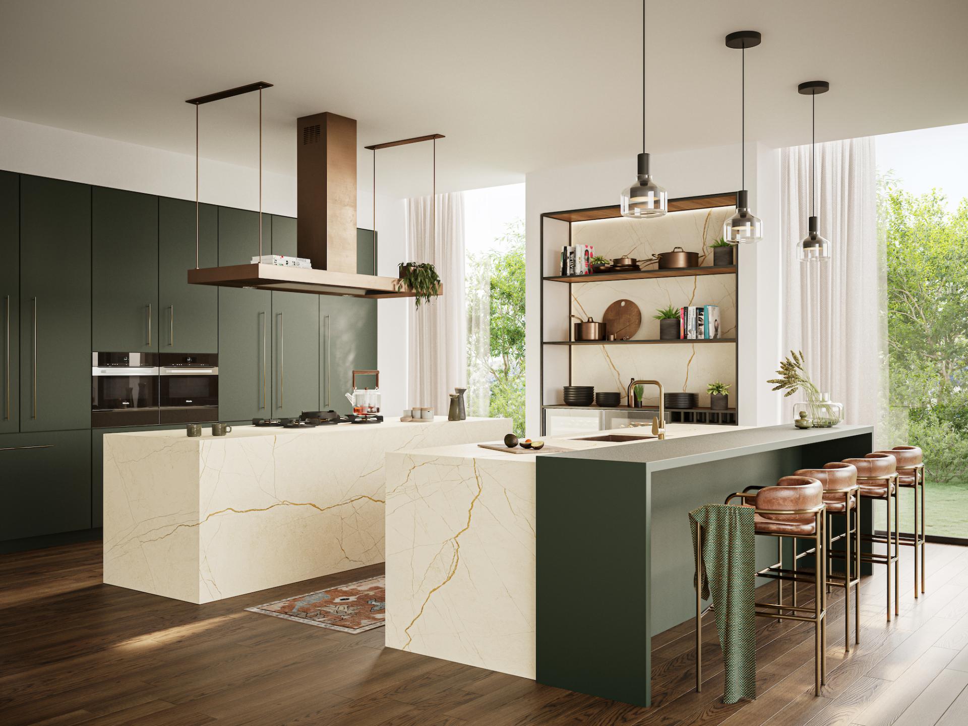 Modern kitchen featuring Caesarstone's Time collection with elegant beige and gold countertops, dark green cabinetry, and stylish seating.