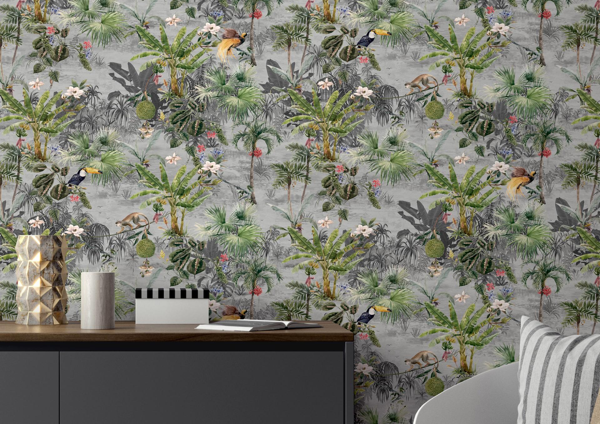 Vibrant wallcovering featuring tropical foliage, colorful birds, and floral elements from Muraspec's Panthera collection.