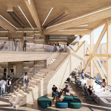 Interior view of the Makers' KUbe, showcasing mass timber architecture designed for collaborative learning and social interaction.