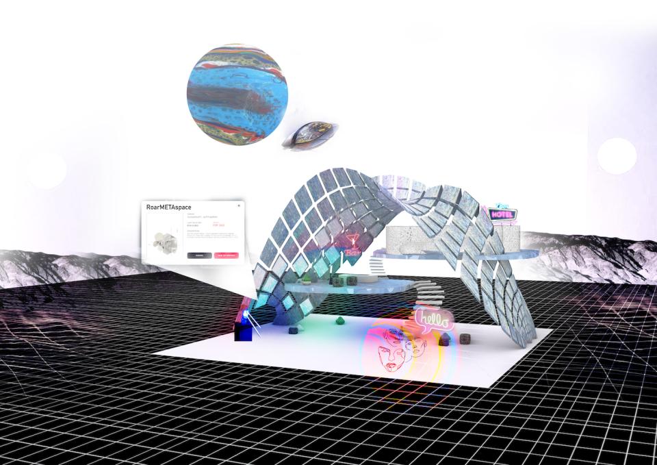 Innovative metaverse design featuring a futuristic space with neon elements, showcasing Roar's architectural vision.