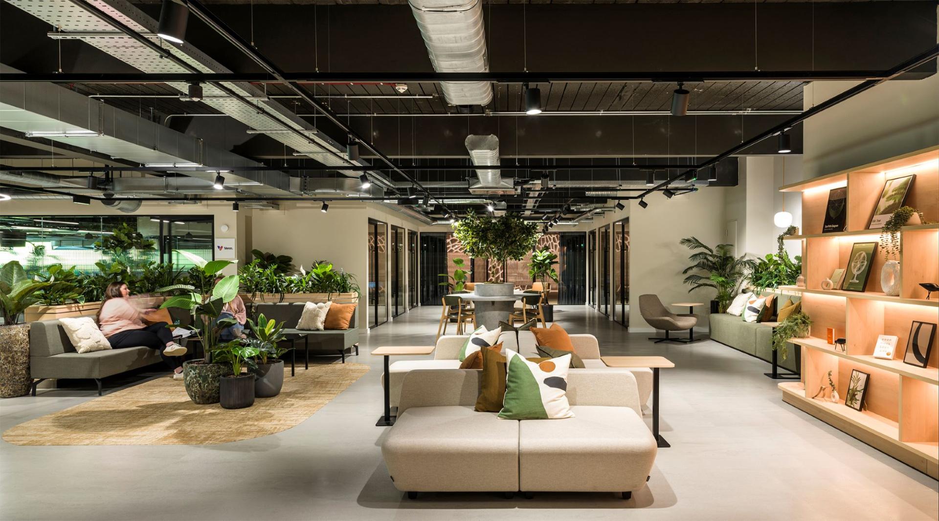 Modern workspace featuring stylish seating, greenery, and natural light at the new Nest concept in Alderley Park.