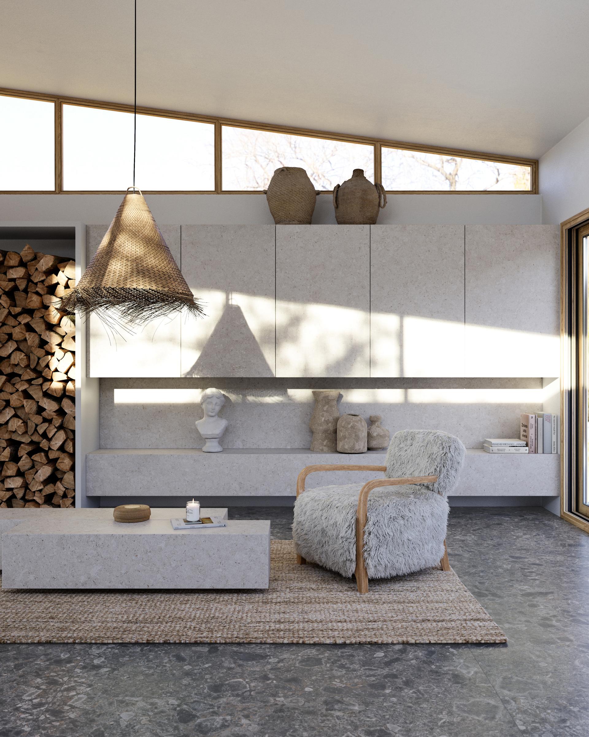 Modern living room featuring Cosentino's Dekton® Pietra Kode, showcasing minimalist design elements and natural textures.