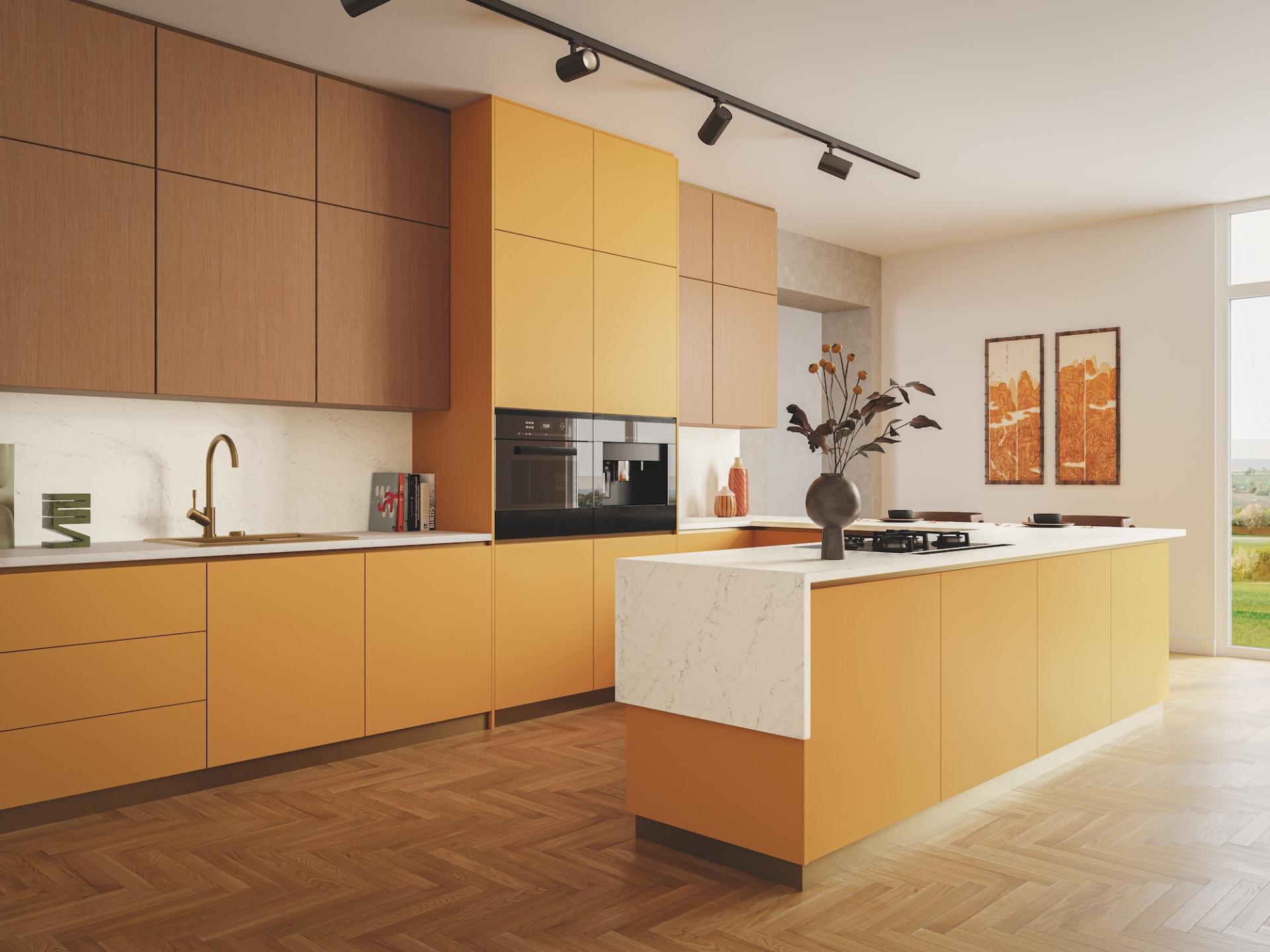 Modern kitchen featuring Caesarstone surfaces, warm wood cabinetry, and stylish decor inspired by mineral evolution.