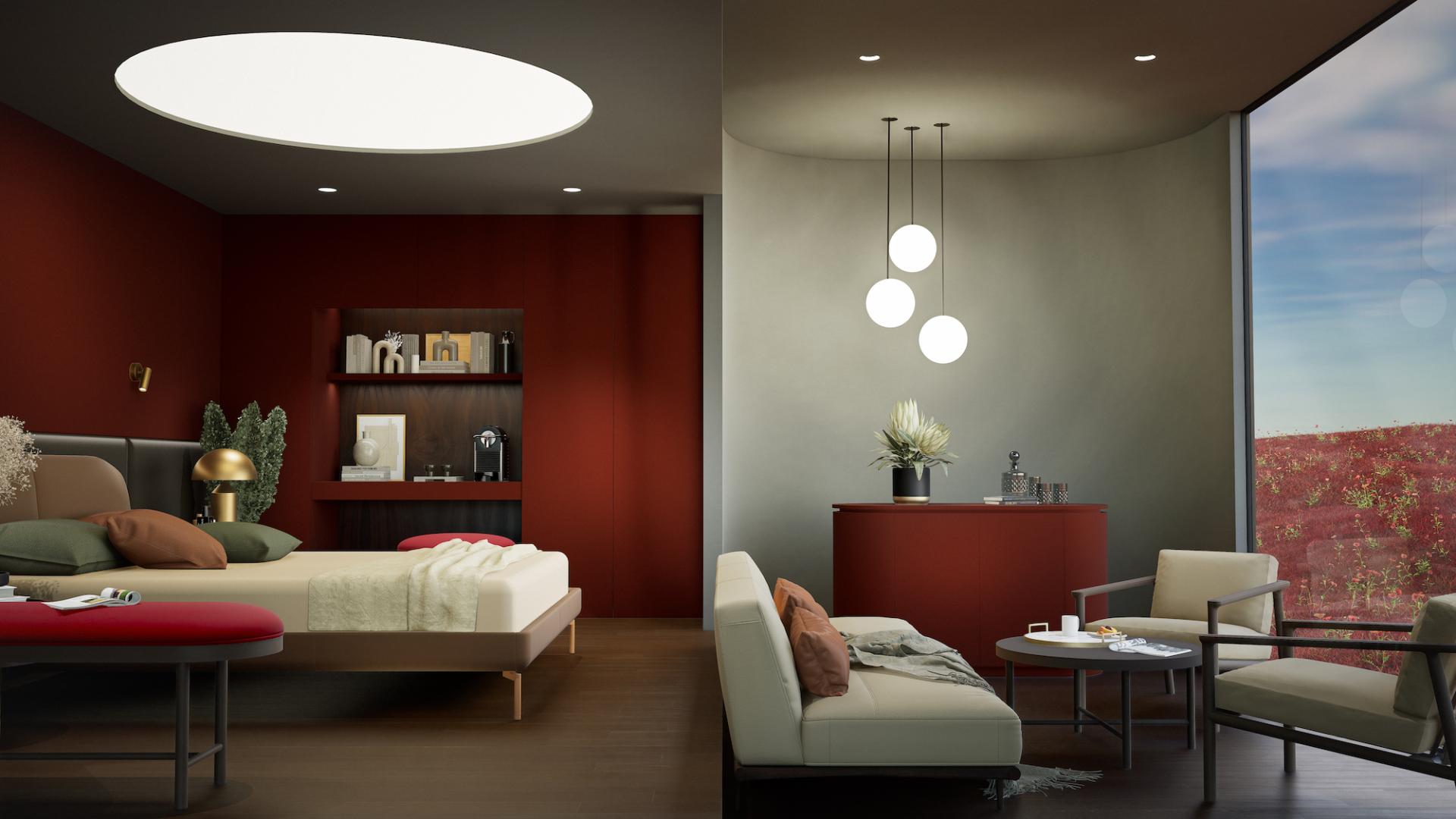 Modern bedroom and lounge area showcasing REHAU’s Passion for Colour collection with vibrant red tones and stylish furnishings.