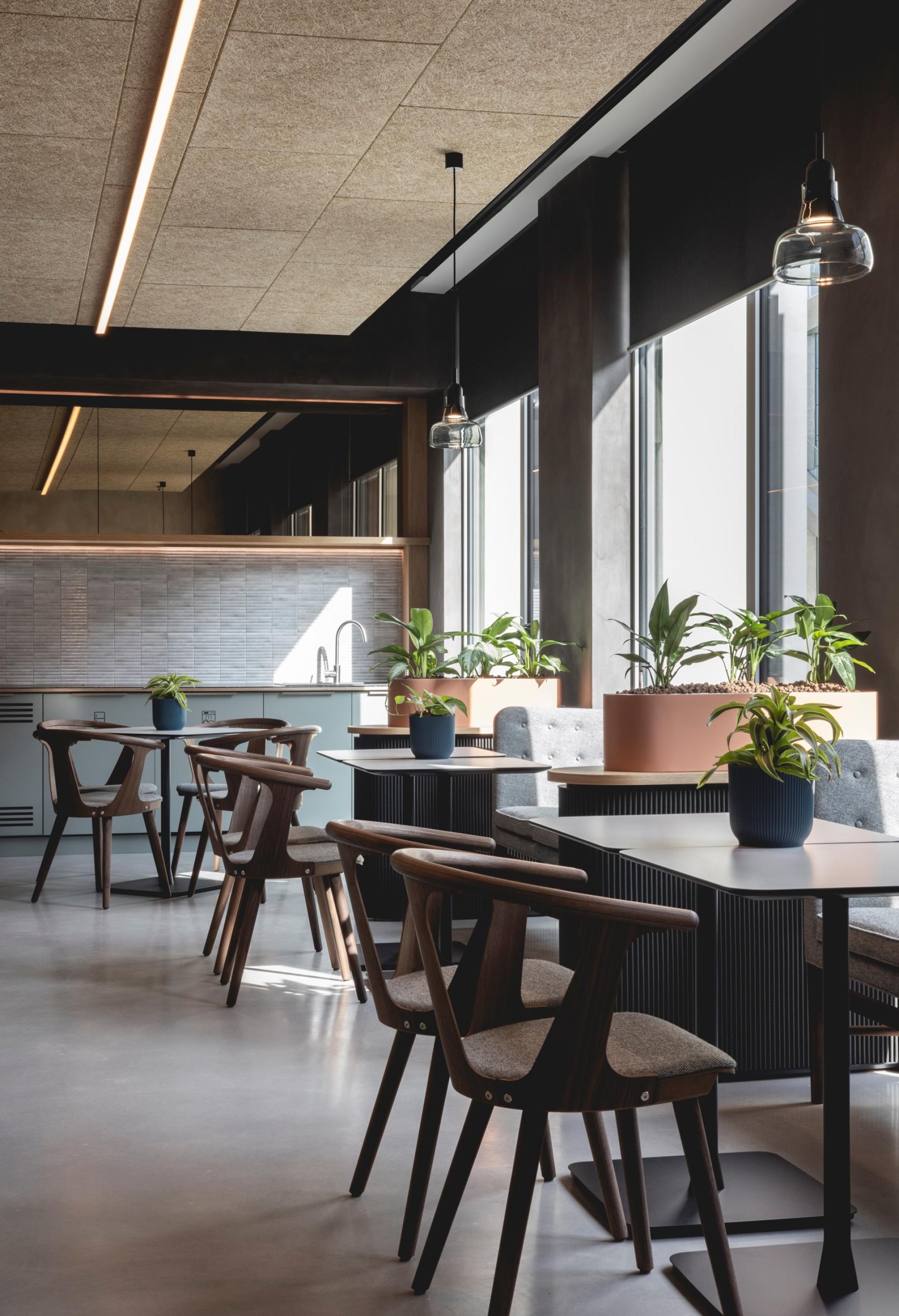 Modern workspace featuring Art Deco-inspired furniture, large windows, and greenery, creating a calming ambience for collaboration.