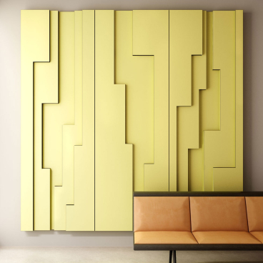 Modern interior featuring a vibrant yellow Fold Panel wall design, complemented by a sleek orange seating area.