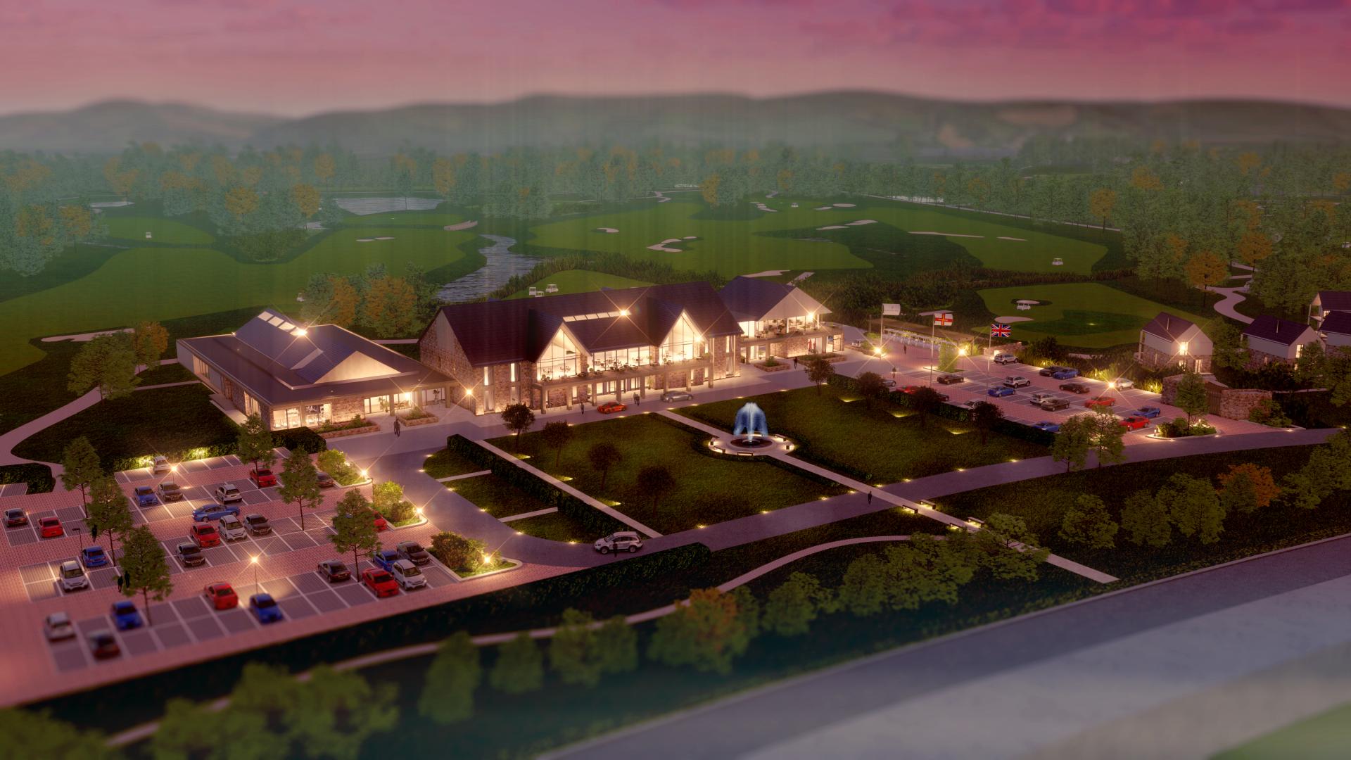 Modern architectural design of a landscaped property featuring a fountain and illuminated parking lot, emphasizing harmonious commercial spaces.