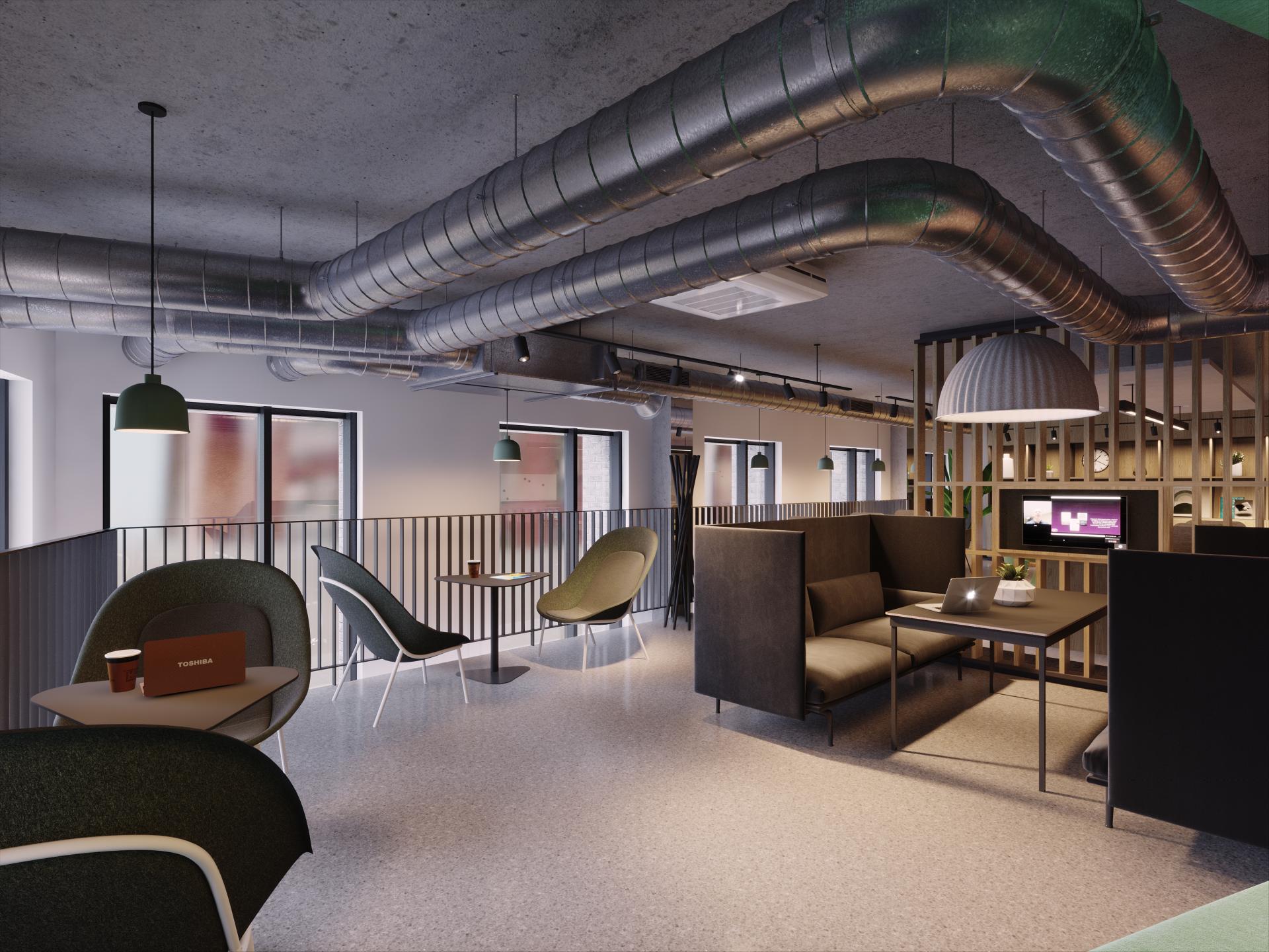 Modern workspace design featuring cozy seating, collaborative areas, and stylish lighting suitable for creative professionals.