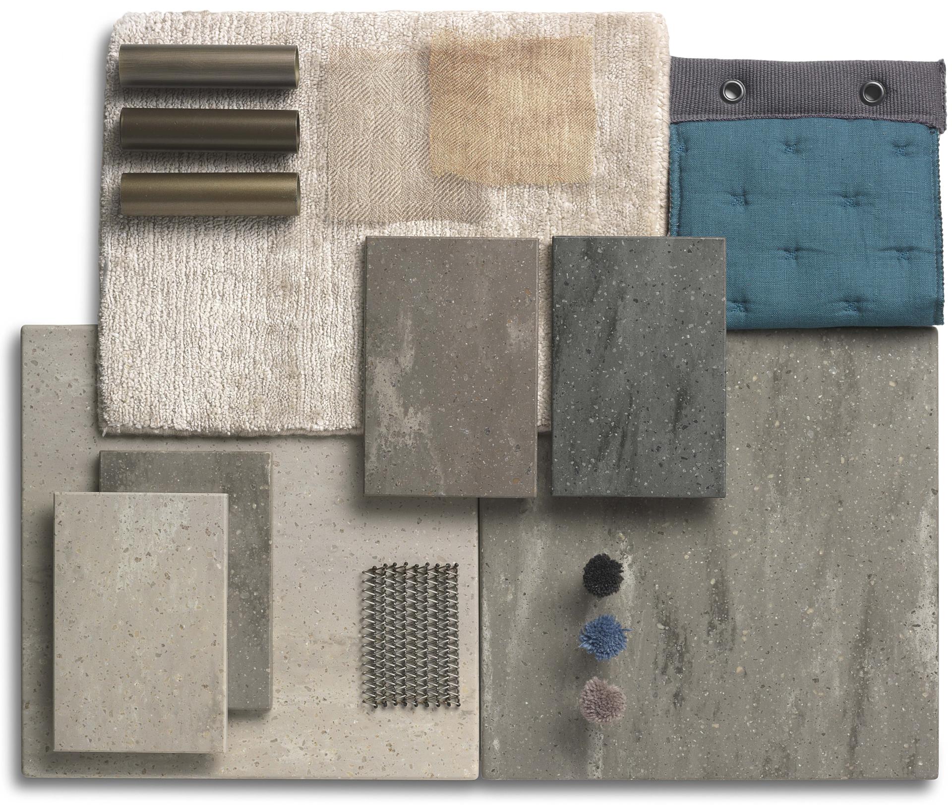 Stylish Corian® surface samples alongside fabric swatches, showcasing new aesthetics inspired by nature and industry.