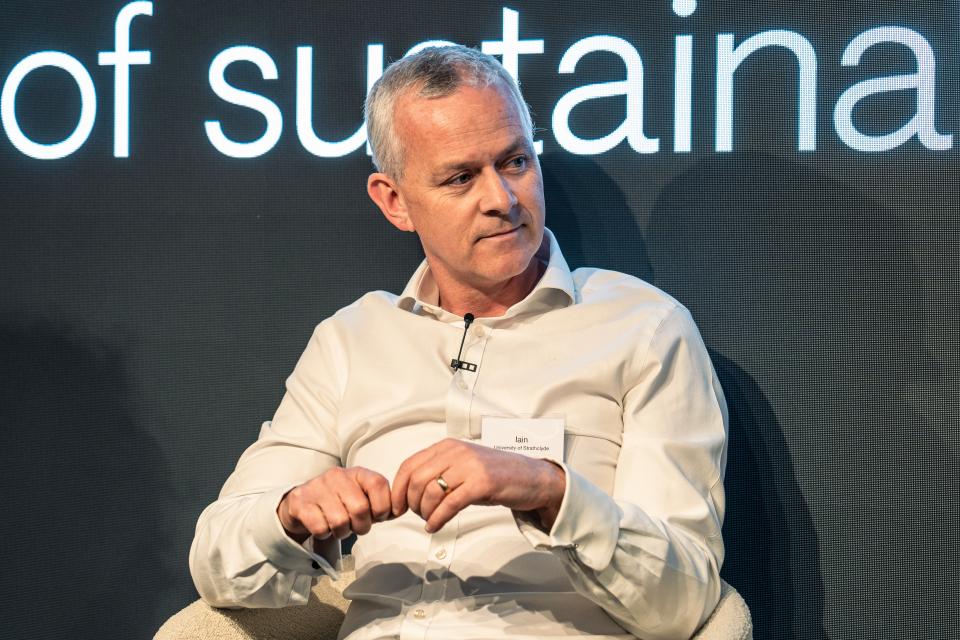 Expert panelist discussing sustainability at Material Source Studio event in Glasgow, addressing the urgent need for action.