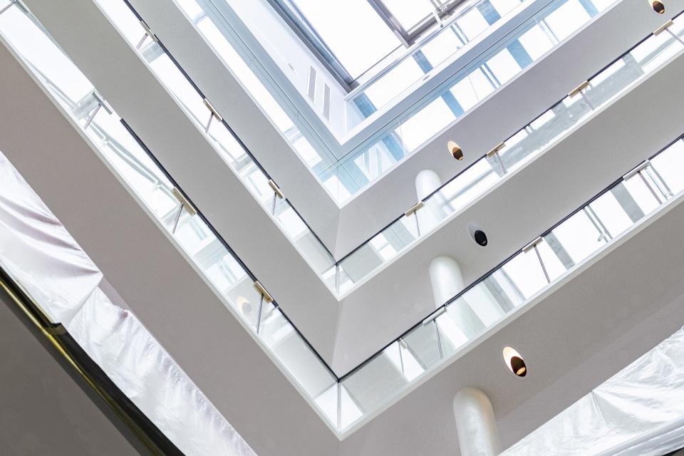 Modern architectural design of The National Gallery’s One Accommodation Hub, showcasing open spaces and natural light.