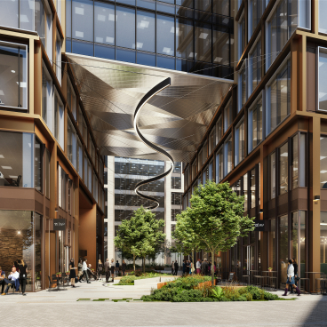 Modern urban plaza with greenery, sustainable design elements, and outdoor seating at TP Bennett’s 11 & 12 Wellington Place.