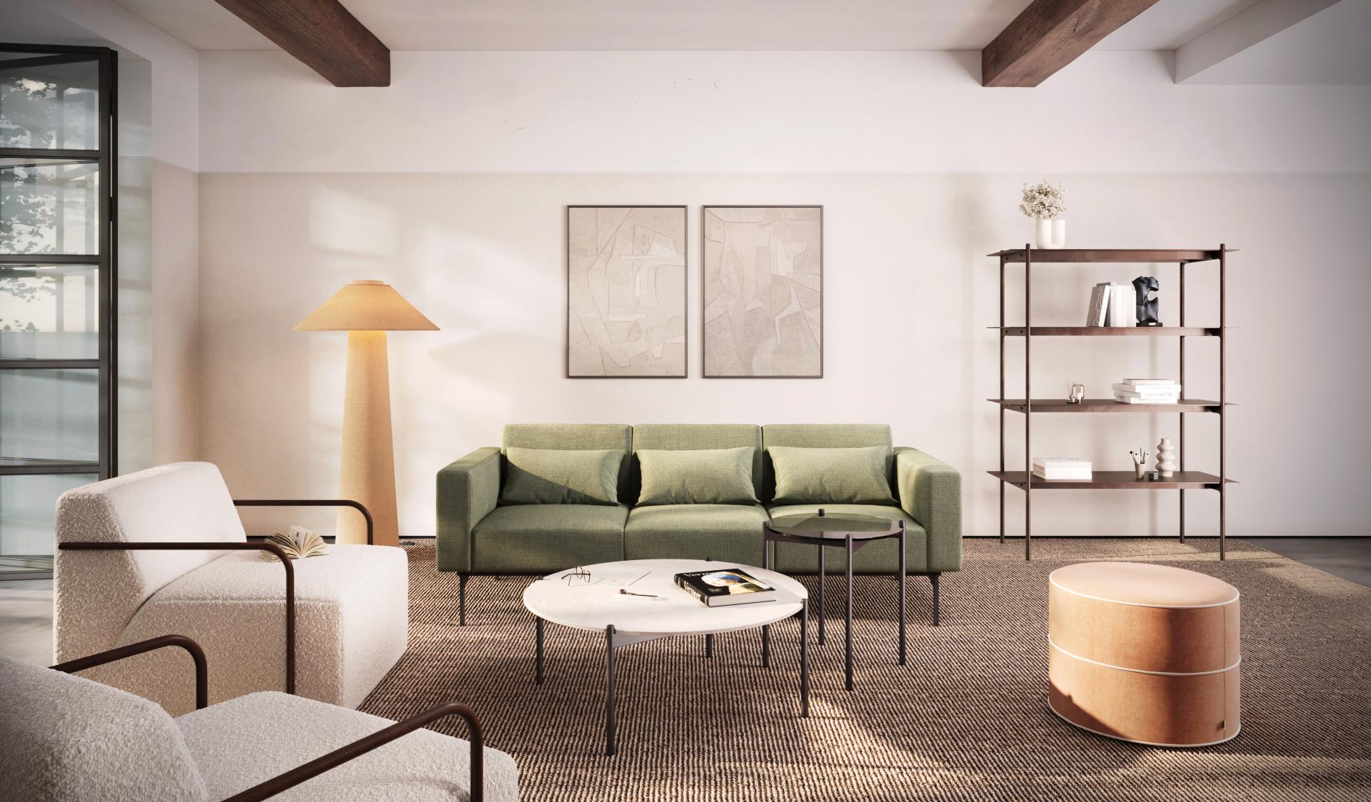 Modern seating arrangement featuring sixteen3's Otto collection, with a green sofa, textured armchairs, and stylish decor elements.