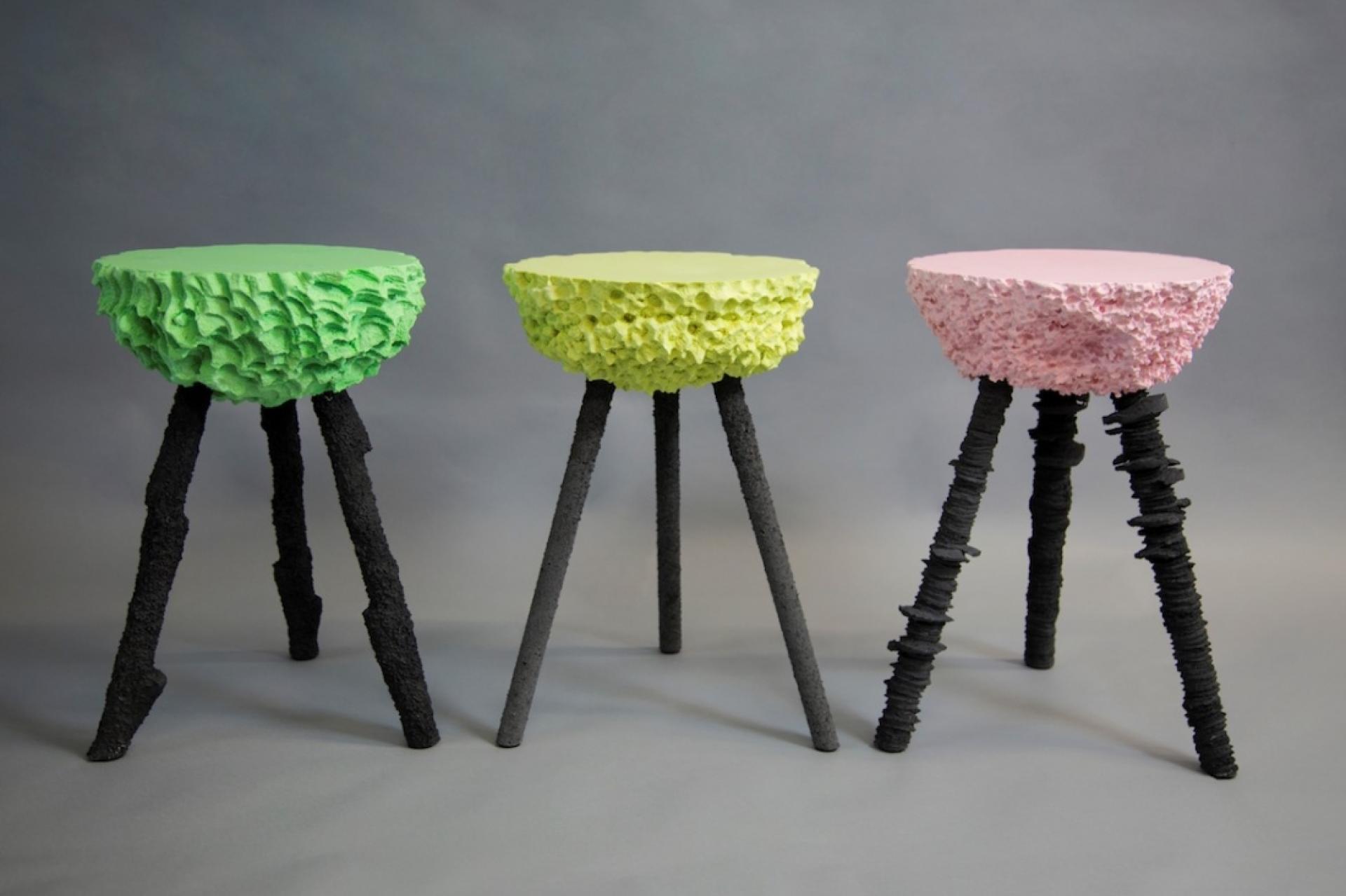 Colorful, textured stools with unique designs, showcasing innovative furniture trends from 2019.