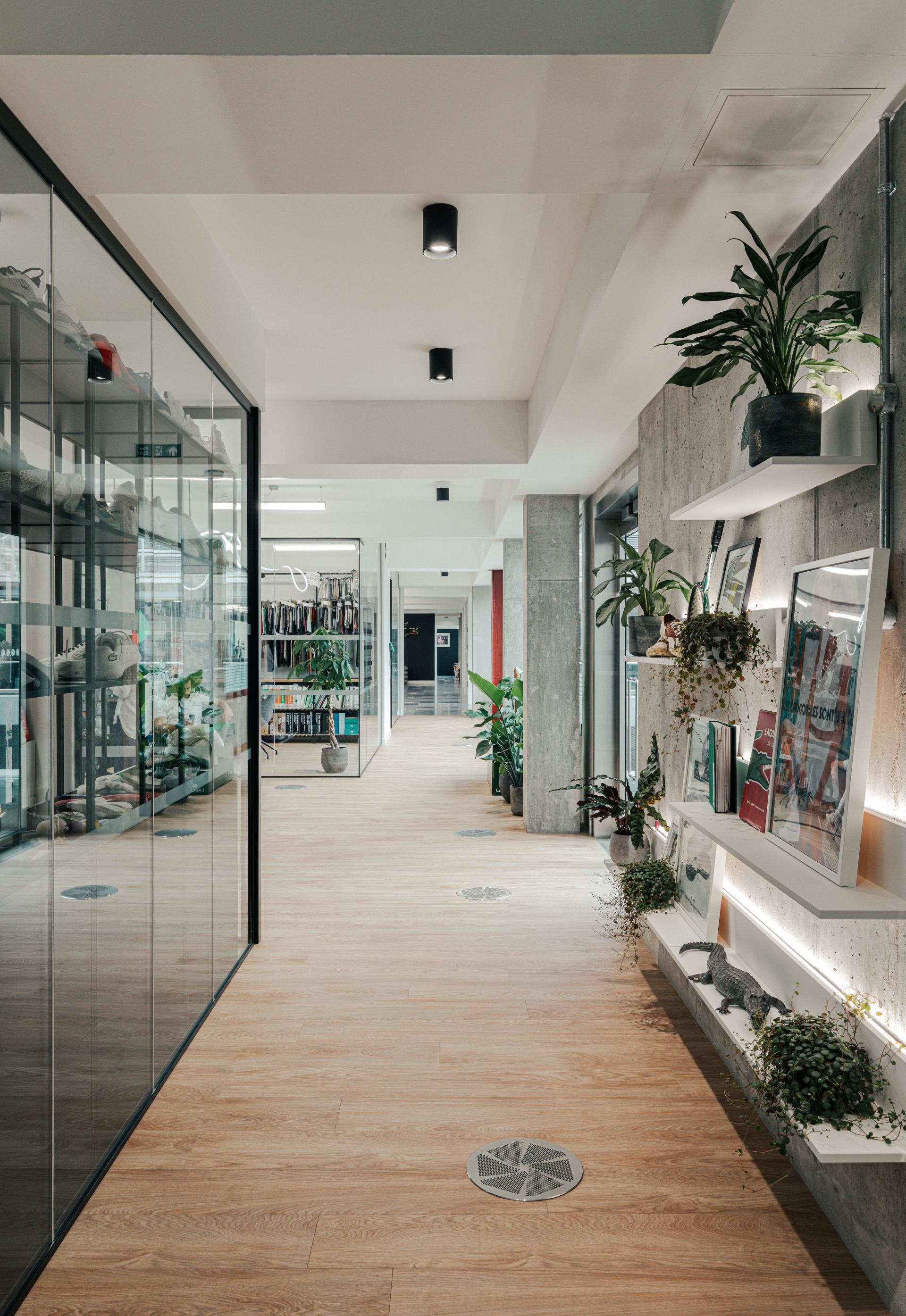Modern workspace interior featuring wooden flooring, glass partitions, greenery, and urban design elements inspired by a New York warehouse.